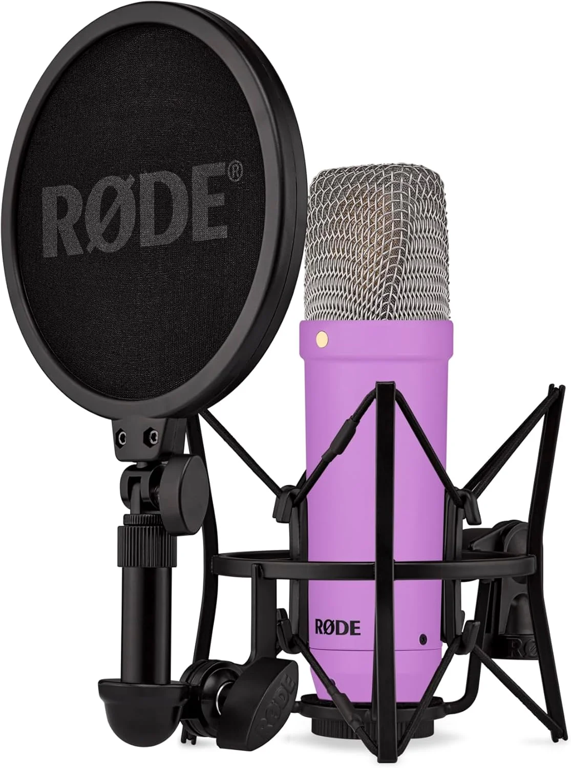 میکروفون کاندنسر دیافراگم بزرگ RØDE NT1 Signature Series با لرزه‌گیر، پاپ فیلتر و کابل XLR برای تولید موسیقی، ضبط وکال، استریم و پادکست (بنفش)