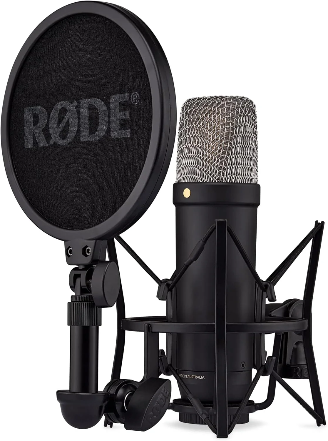 میکروفون کاندنسر استودیویی دیافراگم بزرگ RØDE NT1 نسل پنجم با خروجی های XLR و USB، به همراه لرزه گیر و پاپ فیلتر برای تولید موسیقی، ضبط صدا و پادکست (مشکی)