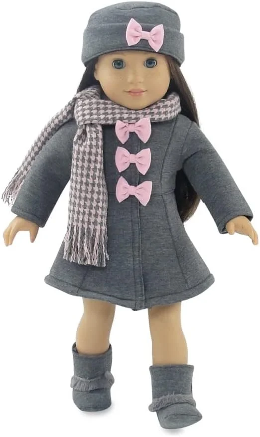 لباس عروسک 18 اینچی امیلی رز | ست کت خاکستری و صورتی دوست داشتنی، شامل کلاه و چکمه های هماهنگ فوق العاده و شال دندان سگی عالی | مناسب برای عروسک های امریکن گرل