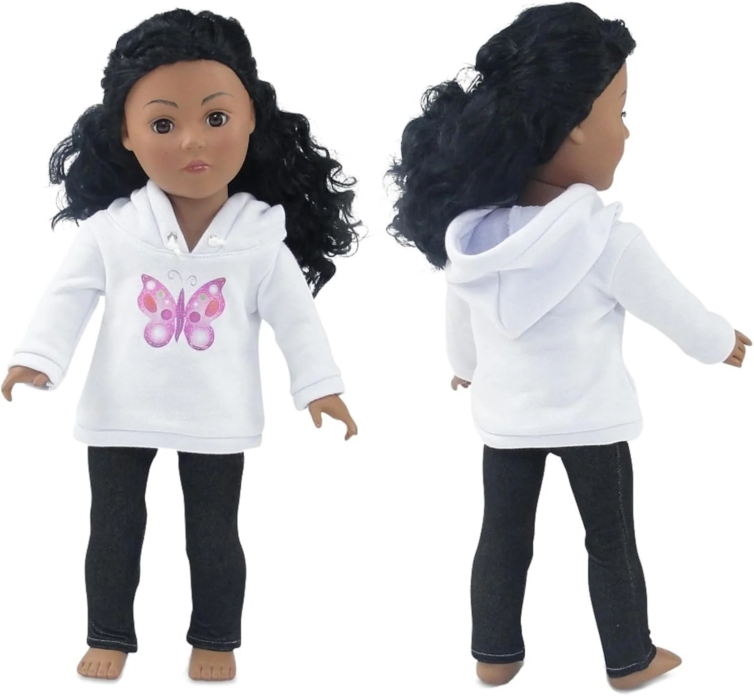 لباس عروسک 18 اینچی امیلی رز | ست لباس پایه ای هودی با طرح گرافیکی پروانه زیبا، شامل شلوار جین مشکی کشی | مناسب برای عروسک های امریکن گرل