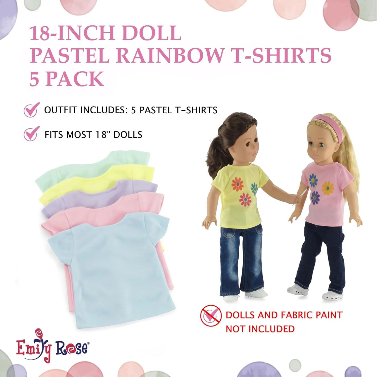 امیلی رز مناسب برای عروسک های 18 اینچی امریکن گرل | تی شرت های رنگین کمانی با بست Velcro - ست 5 تکه لباس عروسک 18 اینچی | بسته بندی شده در جعبه هدیه!