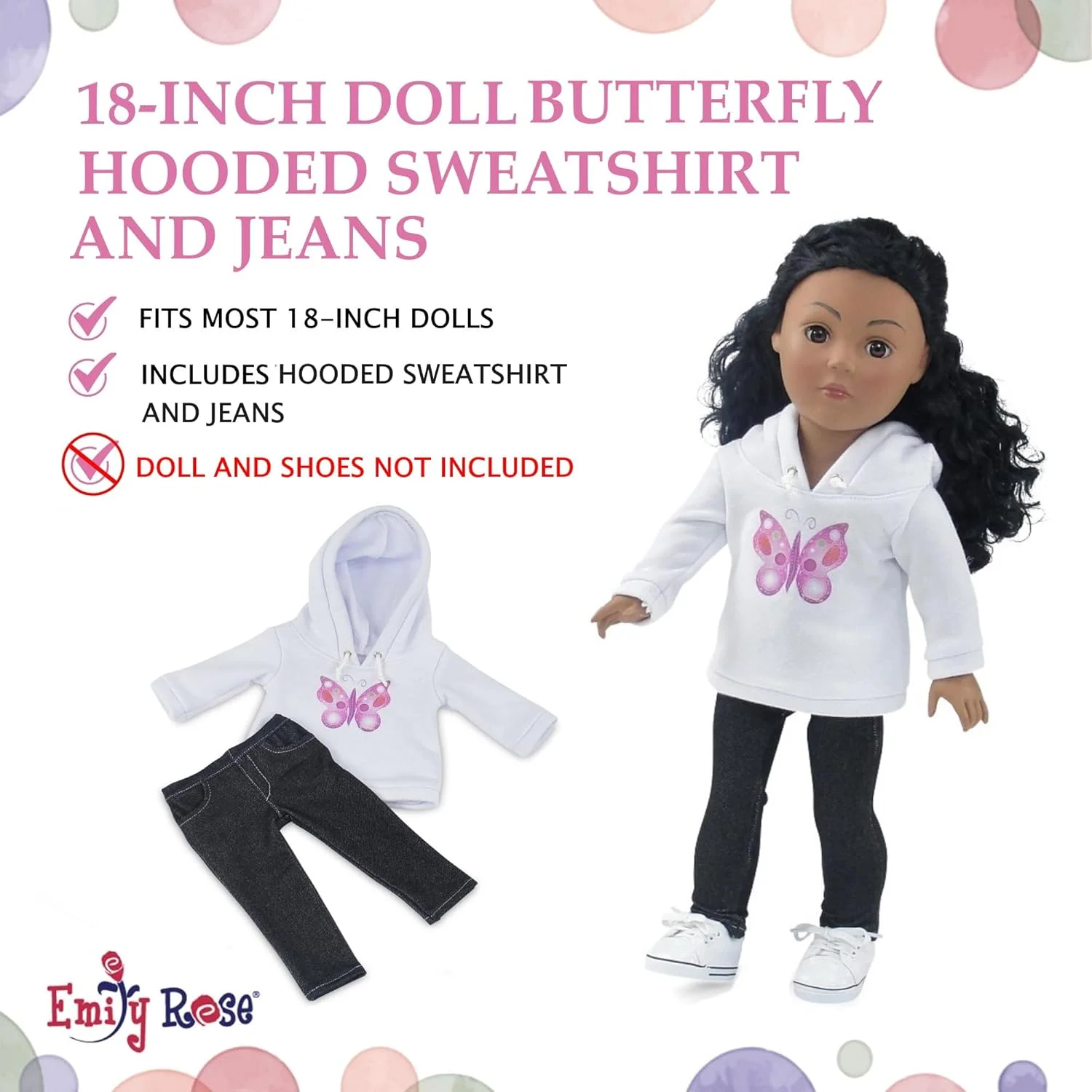 لباس عروسک 18 اینچی امیلی رز | ست لباس پایه ای هودی با طرح گرافیکی پروانه زیبا، شامل شلوار جین مشکی کشی | مناسب برای عروسک های امریکن گرل