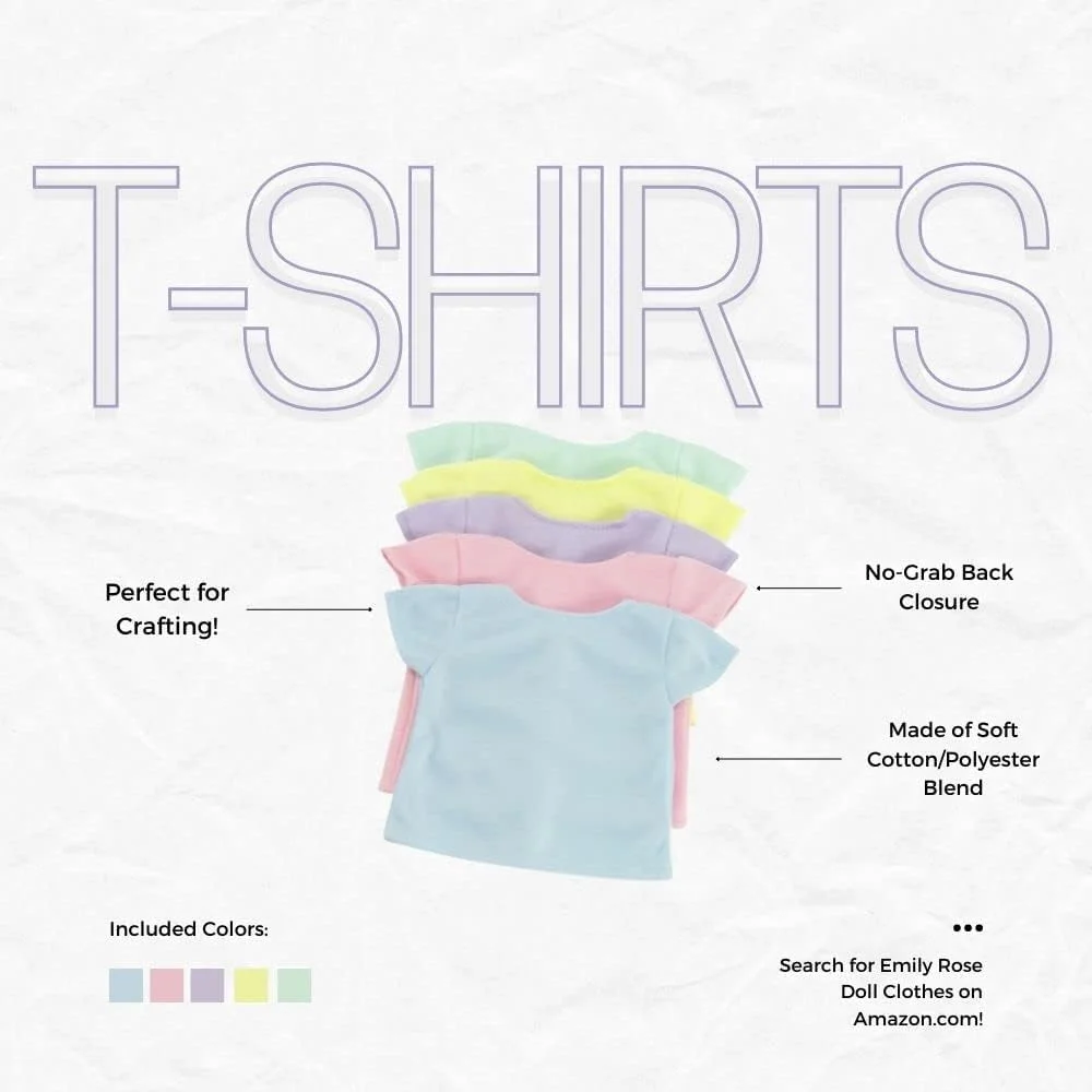 امیلی رز مناسب برای عروسک های 18 اینچی امریکن گرل | تی شرت های رنگین کمانی با بست Velcro - ست 5 تکه لباس عروسک 18 اینچی | بسته بندی شده در جعبه هدیه!