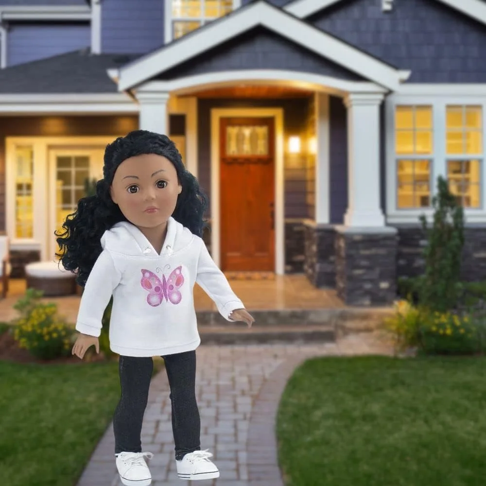 لباس عروسک 18 اینچی امیلی رز | ست لباس پایه ای هودی با طرح گرافیکی پروانه زیبا، شامل شلوار جین مشکی کشی | مناسب برای عروسک های امریکن گرل