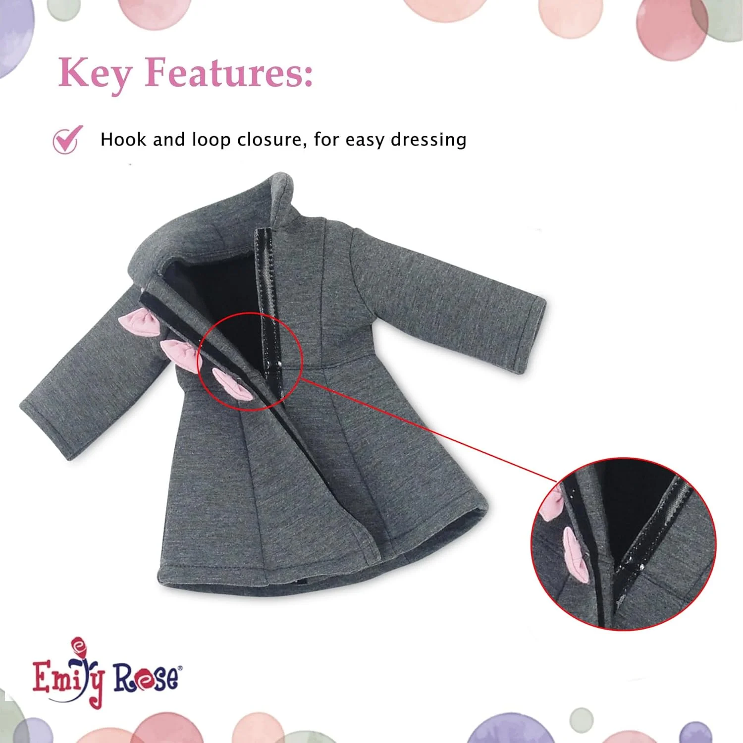 لباس عروسک 18 اینچی امیلی رز | ست کت خاکستری و صورتی دوست داشتنی، شامل کلاه و چکمه های هماهنگ فوق العاده و شال دندان سگی عالی | مناسب برای عروسک های امریکن گرل