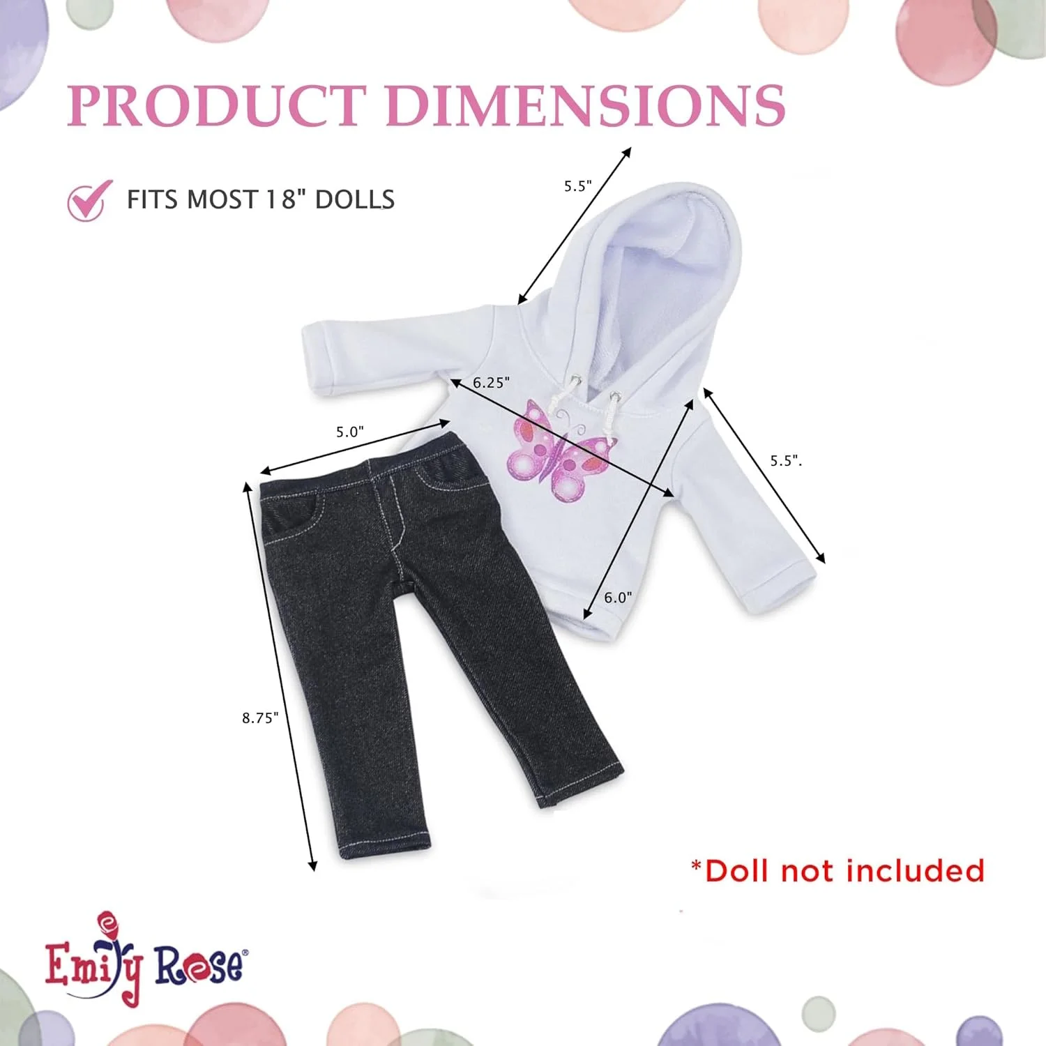 لباس عروسک 18 اینچی امیلی رز | ست لباس پایه ای هودی با طرح گرافیکی پروانه زیبا، شامل شلوار جین مشکی کشی | مناسب برای عروسک های امریکن گرل
