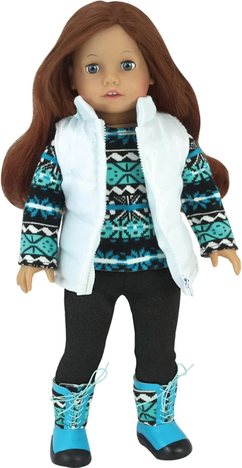 ست کامل لباس عروسک 18 اینچی سوفیا، شامل پیراهن آستین بلند با طرح جذاب، لگ مشکی، جلیقه سفید لحافی با چکمه های ست