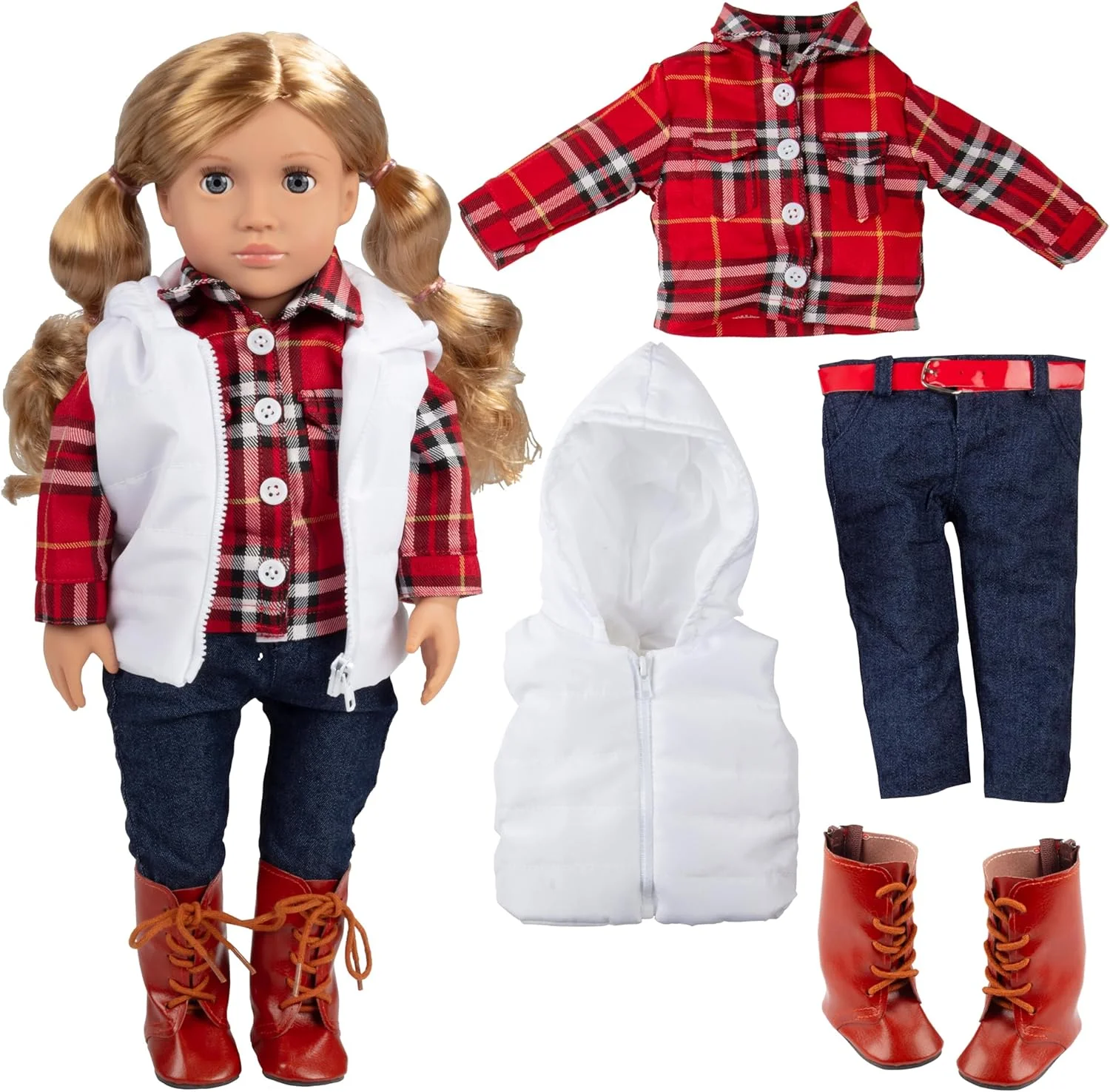 لباس پاییزی Dress Along Dolly مناسب عروسک های 18 اینچی American Girl (ست 4 تکه) شامل: پیراهن فلانل، جلیقه، شلوار جین جذب و چکمه