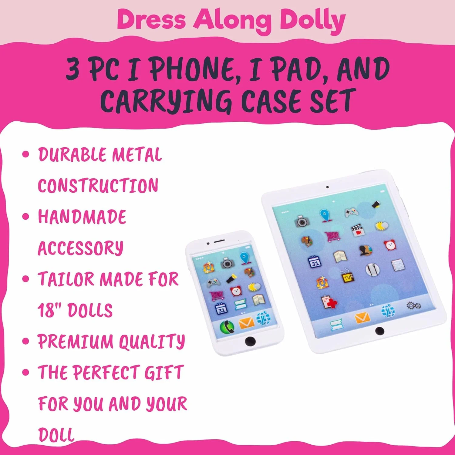 ست گوشی موبایل و تبلت کامپیوتر Dress Along Dolly برای عروسک های امریکن گرل (ساخت فلزی ممتاز، شامل کیف حمل) ست گوشی موبایل و تبلت کامپیوتر Dress Along Dolly برای عروسک های امریکن گرل (ساخت فلزی ممتاز، شامل کیف حمل)