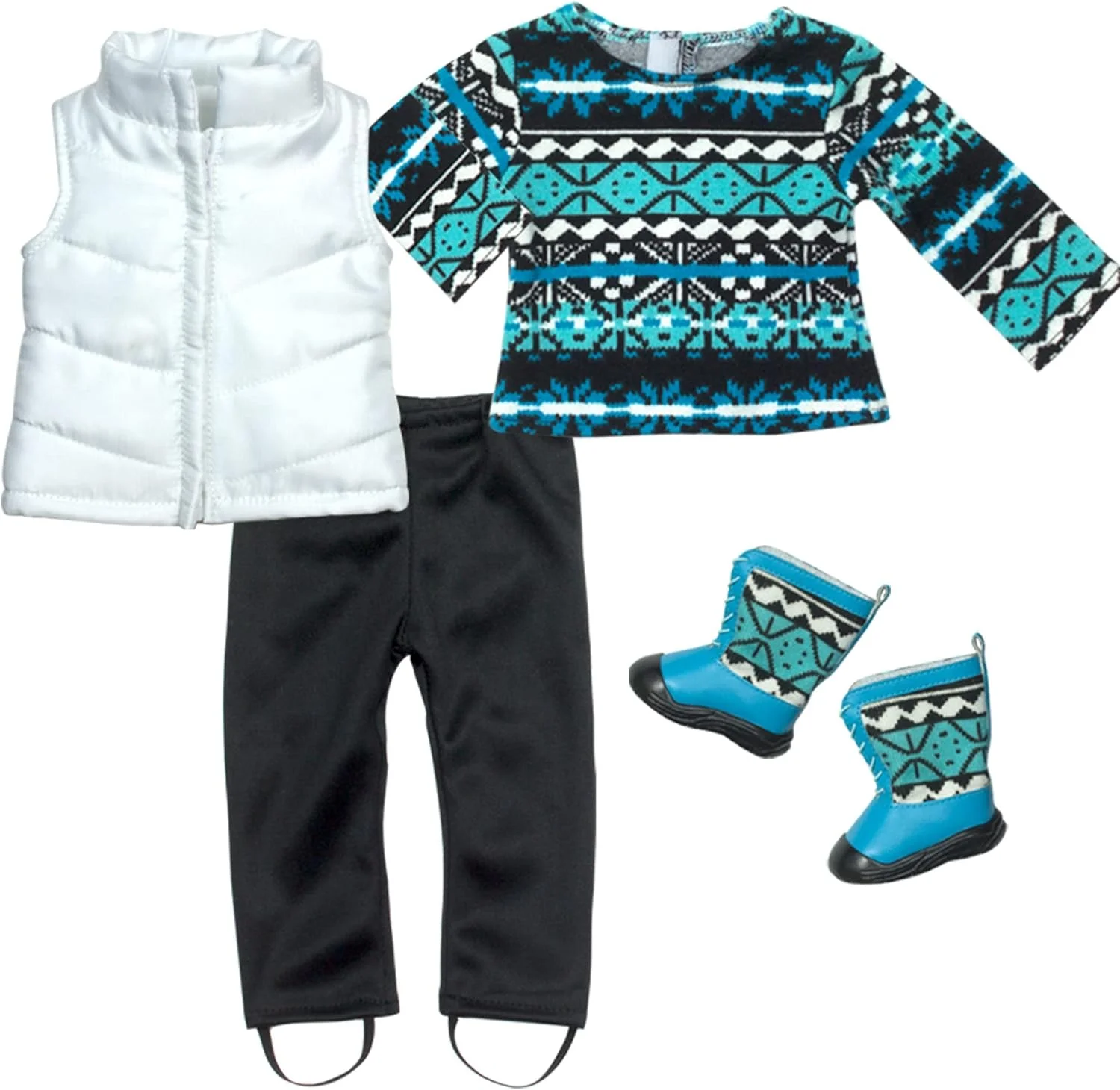 ست کامل لباس عروسک 18 اینچی سوفیا، شامل پیراهن آستین بلند با طرح جذاب، لگ مشکی، جلیقه سفید لحافی با چکمه های ست