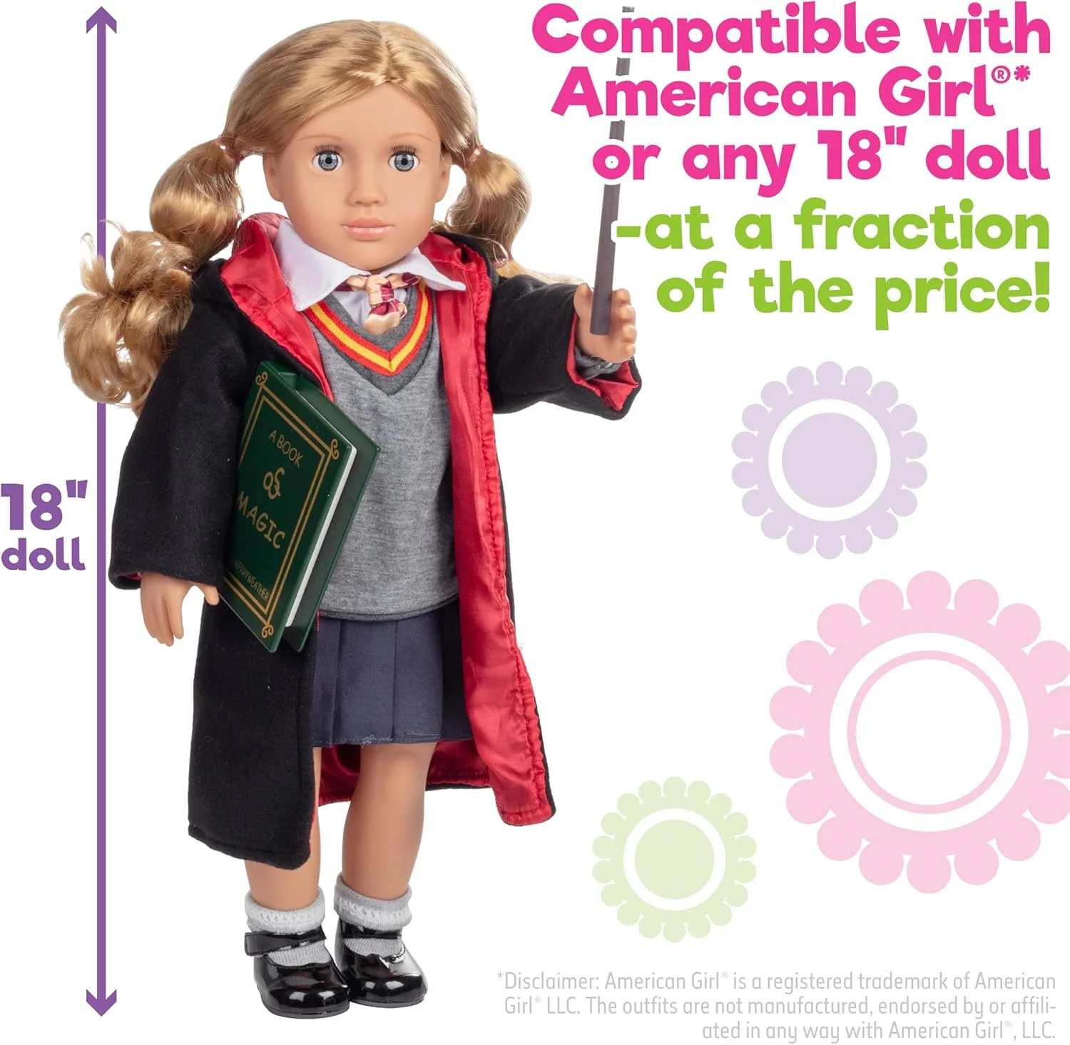 لباس عروسک لوکس الهام گرفته از هرمیون گرنجر هری پاتر برای عروسک های امریکن گرل و 18 اینچی: لباس فرم مدرسه شبیه هاگوارتز 9 تکه شامل - کتاب، چوب دستی، روپوش، پیراهن، دامن، ژاکت، کراوات، جوراب و کفش