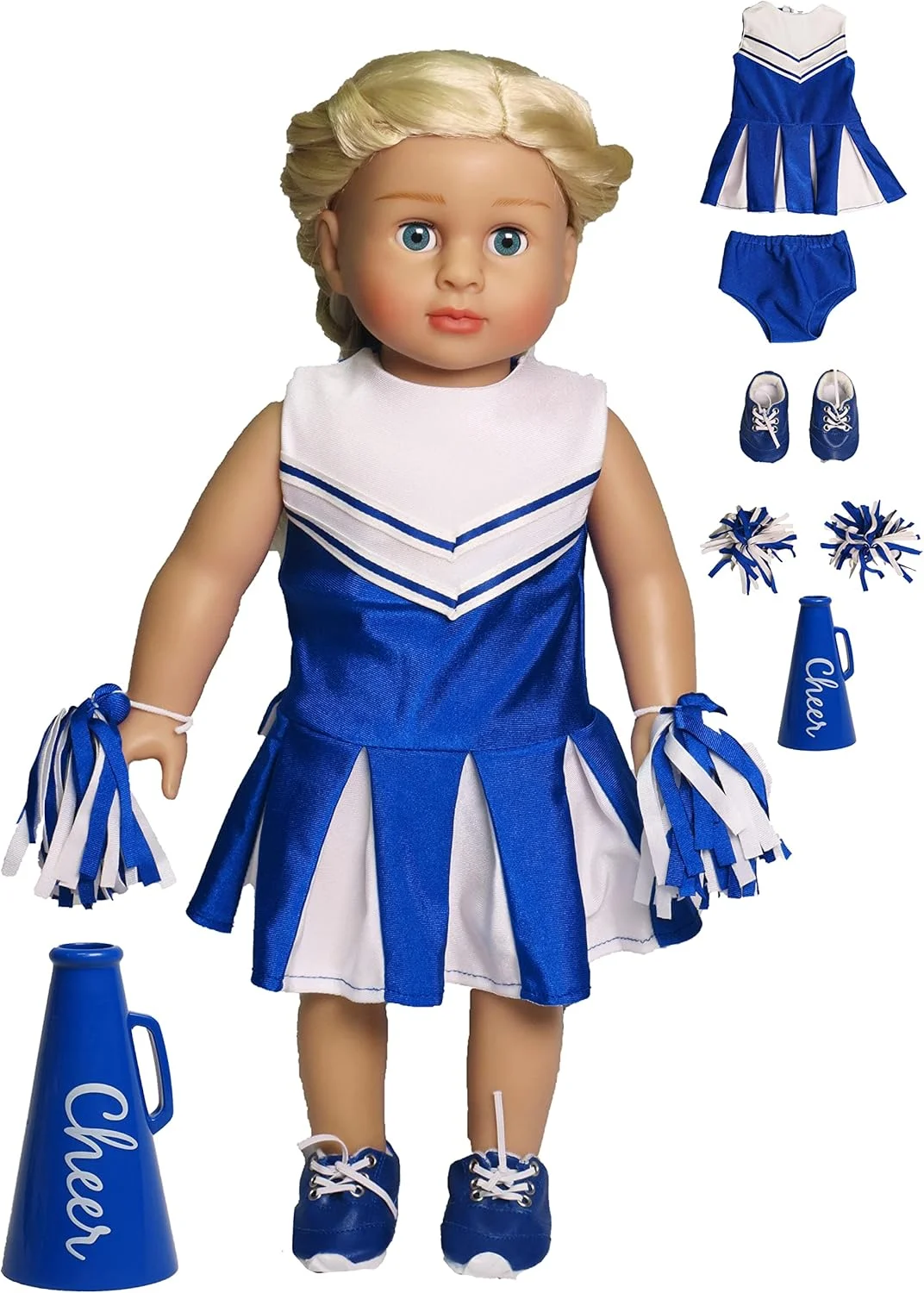 لباس آبی تشویق کننده، یونیفرم تشویق با پیراهن، شورت، پوم پوم، بلندگو، جوراب و کفش | مناسب برای عروسک های 18 اینچی امریکن گرل، مادام الکساندر، نسل ما و غیره | لباس عروسک 18 اینچی