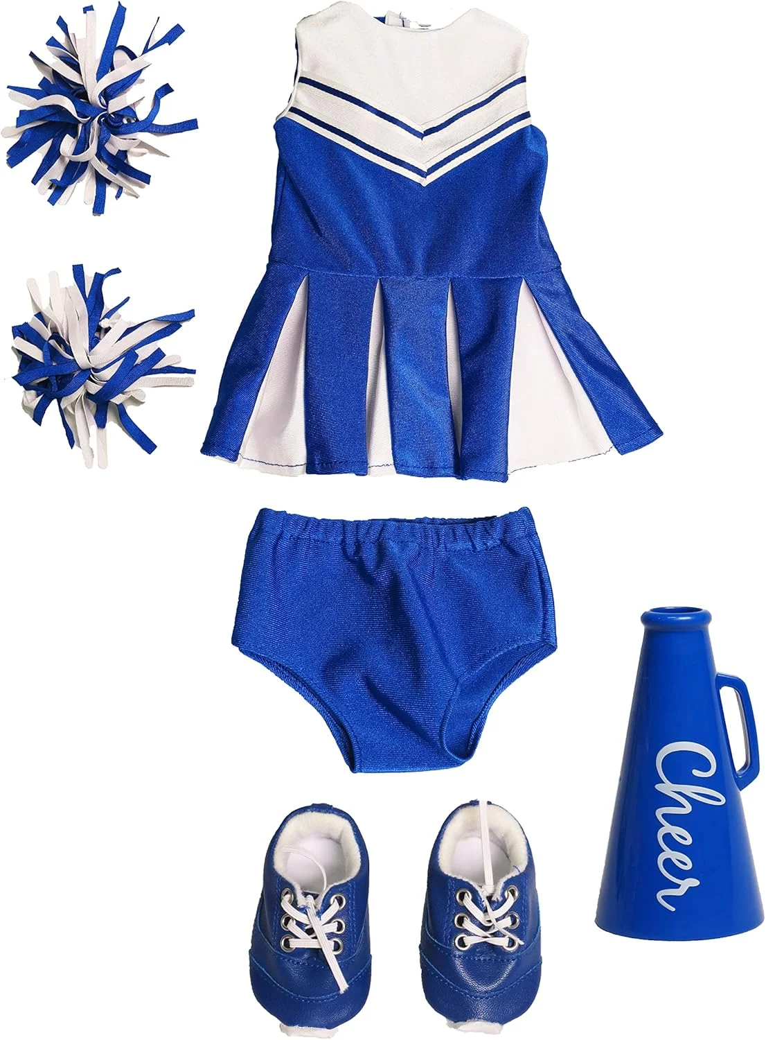 لباس آبی تشویق کننده، یونیفرم تشویق با پیراهن، شورت، پوم پوم، بلندگو، جوراب و کفش | مناسب برای عروسک های 18 اینچی امریکن گرل، مادام الکساندر، نسل ما و غیره | لباس عروسک 18 اینچی