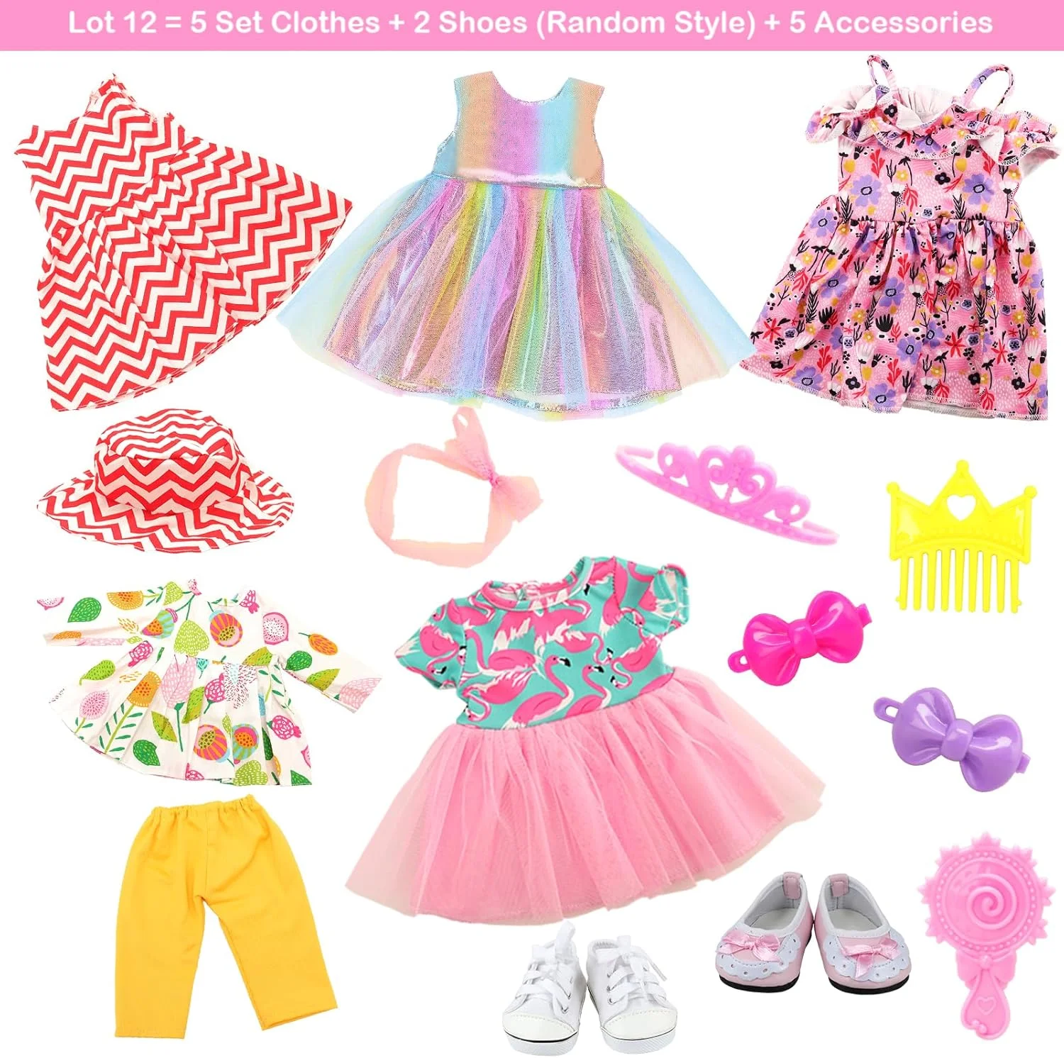 باروا 5 ست لباس و پیراهن با لوازم جانبی و 2 جفت کفش برای عروسک های دخترانه 18 اینچی