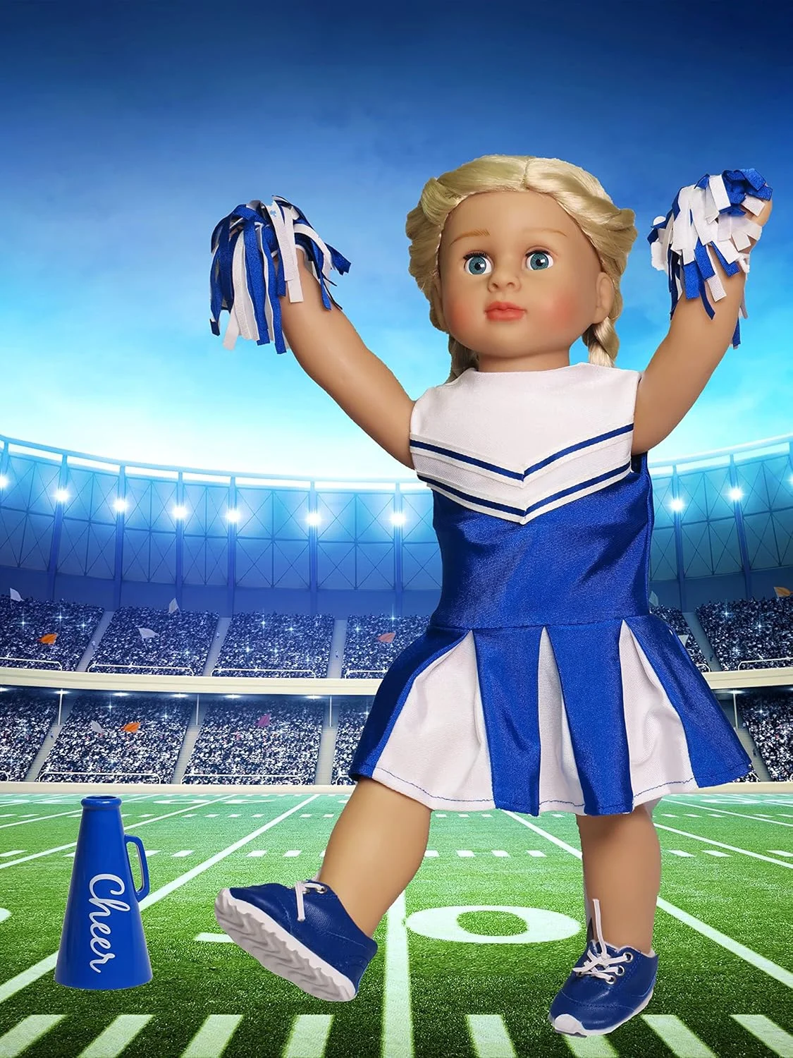 لباس آبی تشویق کننده، یونیفرم تشویق با پیراهن، شورت، پوم پوم، بلندگو، جوراب و کفش | مناسب برای عروسک های 18 اینچی امریکن گرل، مادام الکساندر، نسل ما و غیره | لباس عروسک 18 اینچی