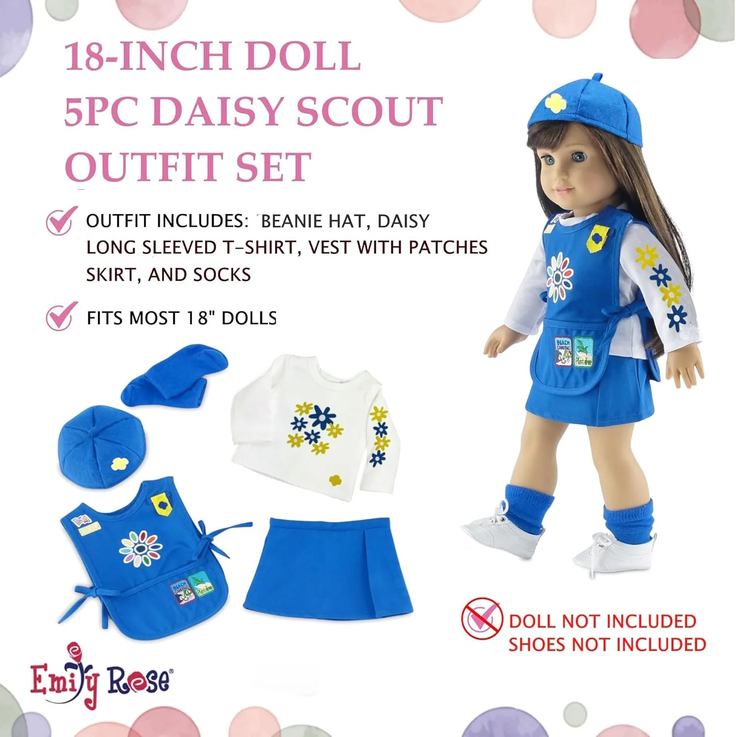 لباس عروسک 18 اینچی امیلی رز | بسته ارزشی - 3 یونیفرم مدرن الهام گرفته از دختران پیشاهنگ، شامل لباس های پیشاهنگی دیزی، براونی جونیور | مناسب برای عروسک های امریکن گرل
