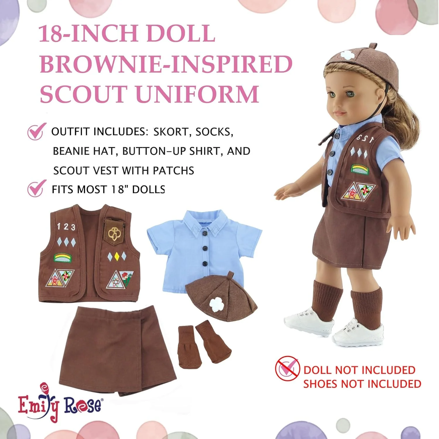 لباس عروسک 18 اینچی امیلی رز | بسته ارزشی - 3 یونیفرم مدرن الهام گرفته از دختران پیشاهنگ، شامل لباس های پیشاهنگی دیزی، براونی جونیور | مناسب برای عروسک های امریکن گرل
