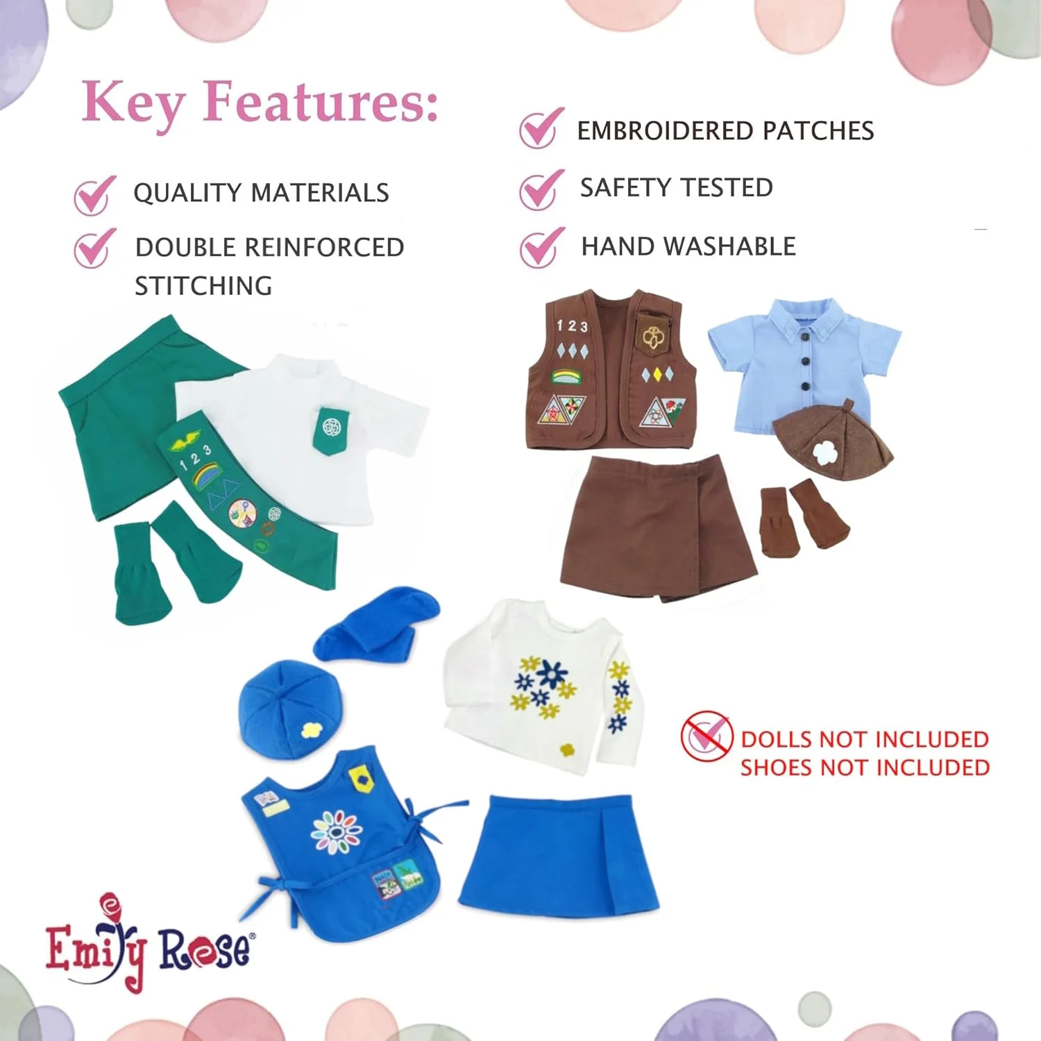 لباس عروسک 18 اینچی امیلی رز | بسته ارزشی - 3 یونیفرم مدرن الهام گرفته از دختران پیشاهنگ، شامل لباس های پیشاهنگی دیزی، براونی جونیور | مناسب برای عروسک های امریکن گرل