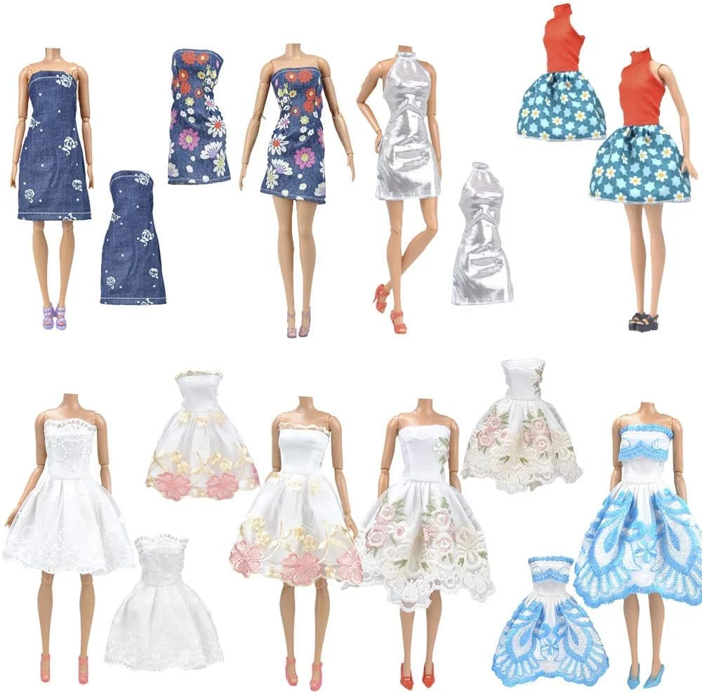 ای-تینگ بسته 15 عددی = 5 ست لباس/پوشاک مد روز غیر رسمی با 10 جفت کفش برای عروسک دخترانه سبک تصادفی (لباس غیر رسمی + دامن کوتاه)