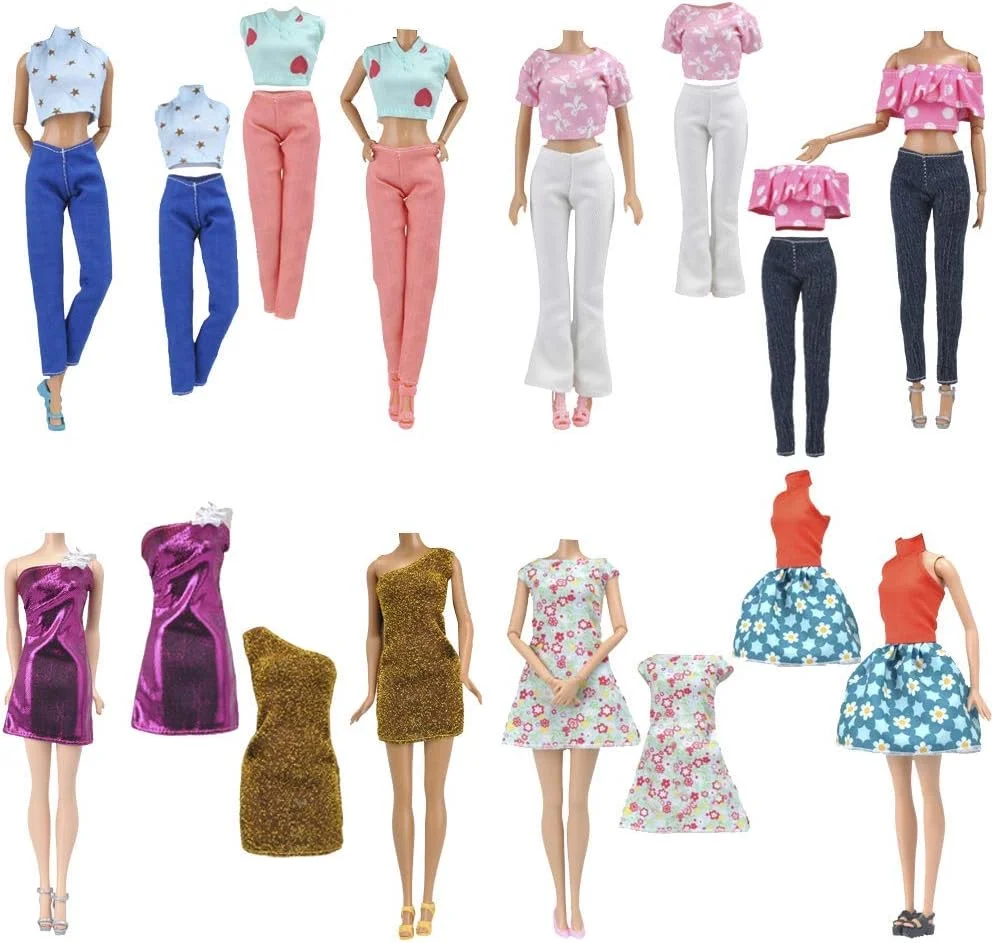 ای-تینگ بسته 15 عددی = 5 ست لباس/پوشاک مد روز غیر رسمی با 10 جفت کفش برای عروسک دخترانه سبک تصادفی (لباس غیر رسمی + دامن کوتاه)