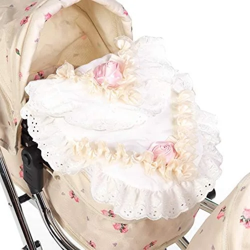 ست رختخواب 2 تکه کالسکه عروسک Roma - لوازم جانبی عروسک با پیش بند لحافی و بالش دار، طرح گل رز کرم و صورتی، لوازم جانبی عروسک برای Reborns، سازگار با اکثر کالسکه های عروسک