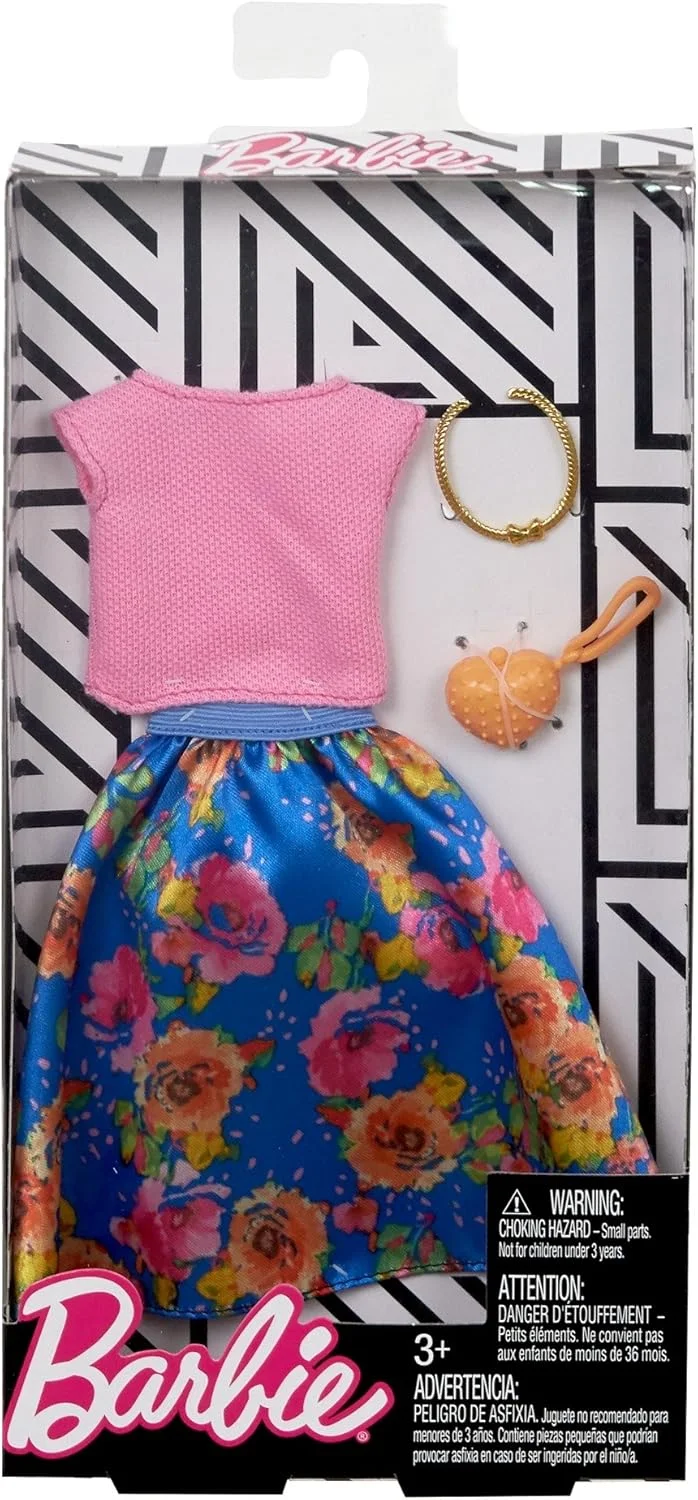 بسته مد لباس کامل باربی با دامن گلدار و تاپ صورتی