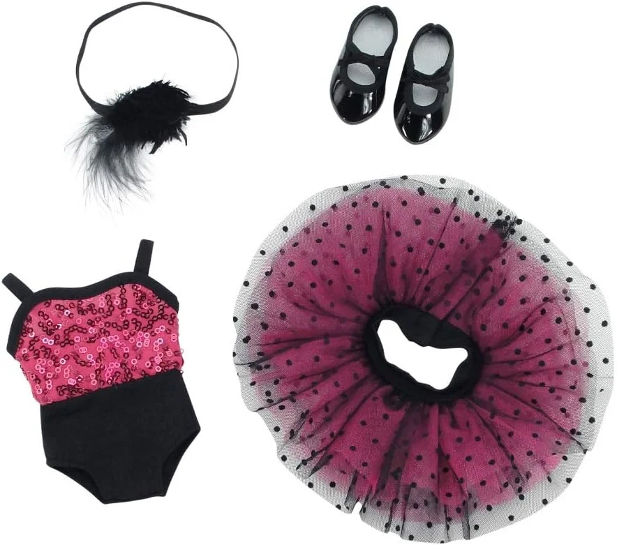 لباس عروسک 14 اینچی امیلی رز | لباس رقص باله جاز عروسکی، شامل لباس ژیمناستیک، توتو، هدبند ست و کفش های مشکی | مناسب برای عروسک های 14 اینچی امریکن گرل ولی ویشرز و گلیتر گرلز | بسته بندی شده در جعبه هدیه!