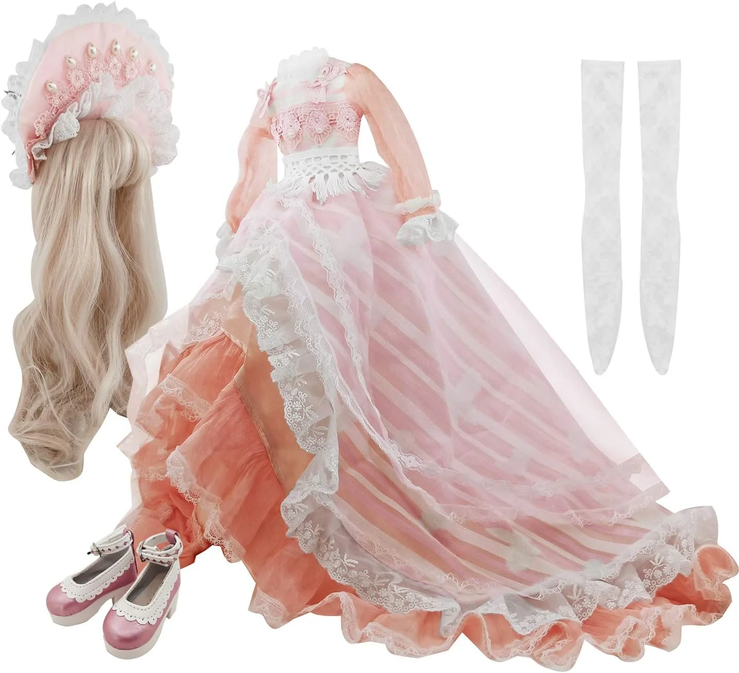 ست کامل EVA BJD شامل دامن، کلاه گیس، کفش، جوراب، لوازم جانبی برای عروسک های 1/3 BJD مفصلی توپی 22 اینچ - 24 اینچ 60 سانتی متر (صورتی و سفید)
