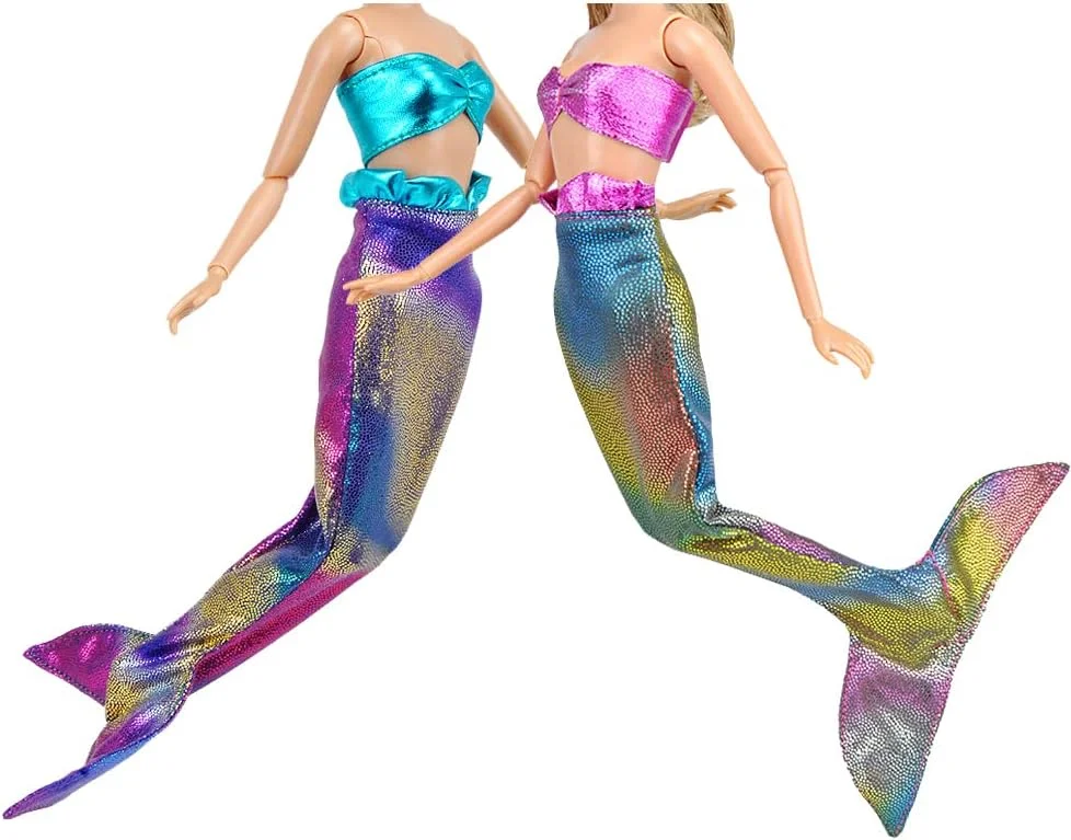 لباس پری دریایی دست ساز E-TING، لباس پرنسس مرواریدی افسانه ای برای عروسک دخترانه (صورتی و آبی)