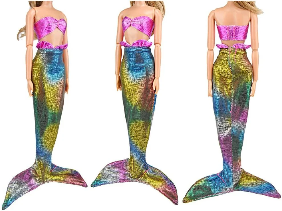 لباس پری دریایی دست ساز E-TING، لباس پرنسس مرواریدی افسانه ای برای عروسک دخترانه (صورتی و آبی)