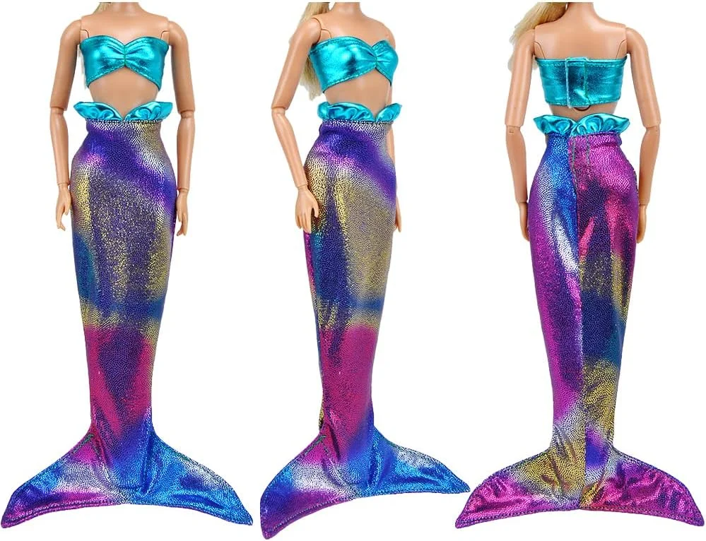 لباس پری دریایی دست ساز E-TING، لباس پرنسس مرواریدی افسانه ای برای عروسک دخترانه (صورتی و آبی)