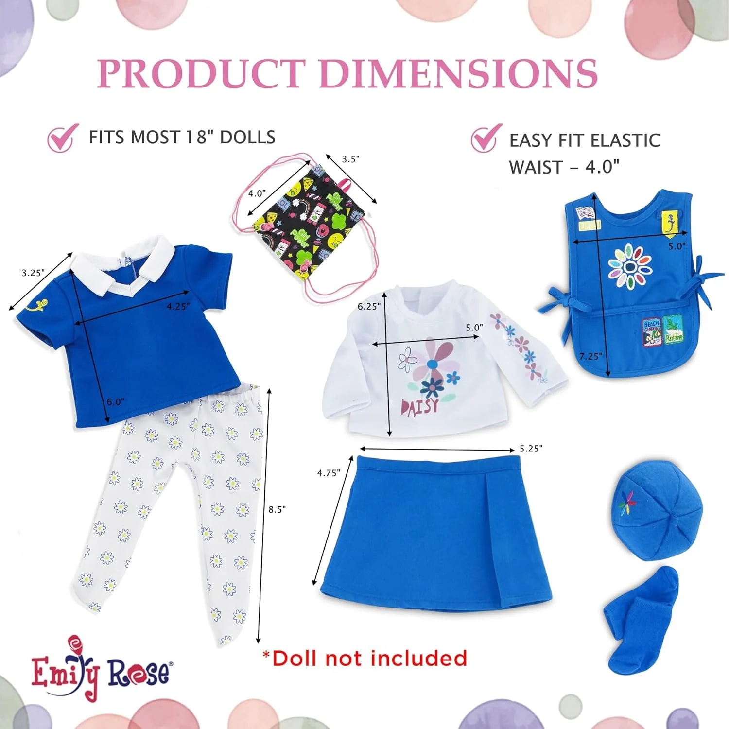 لباس عروسک 18 اینچی امیلی رز | بسته ارزشمند 8 تکه لباس و لوازم جانبی یونیفرم دختر پیشاهنگ دیزی | مناسب برای عروسک های امریکن گرل | بسته بندی شده در جعبه هدیه!
