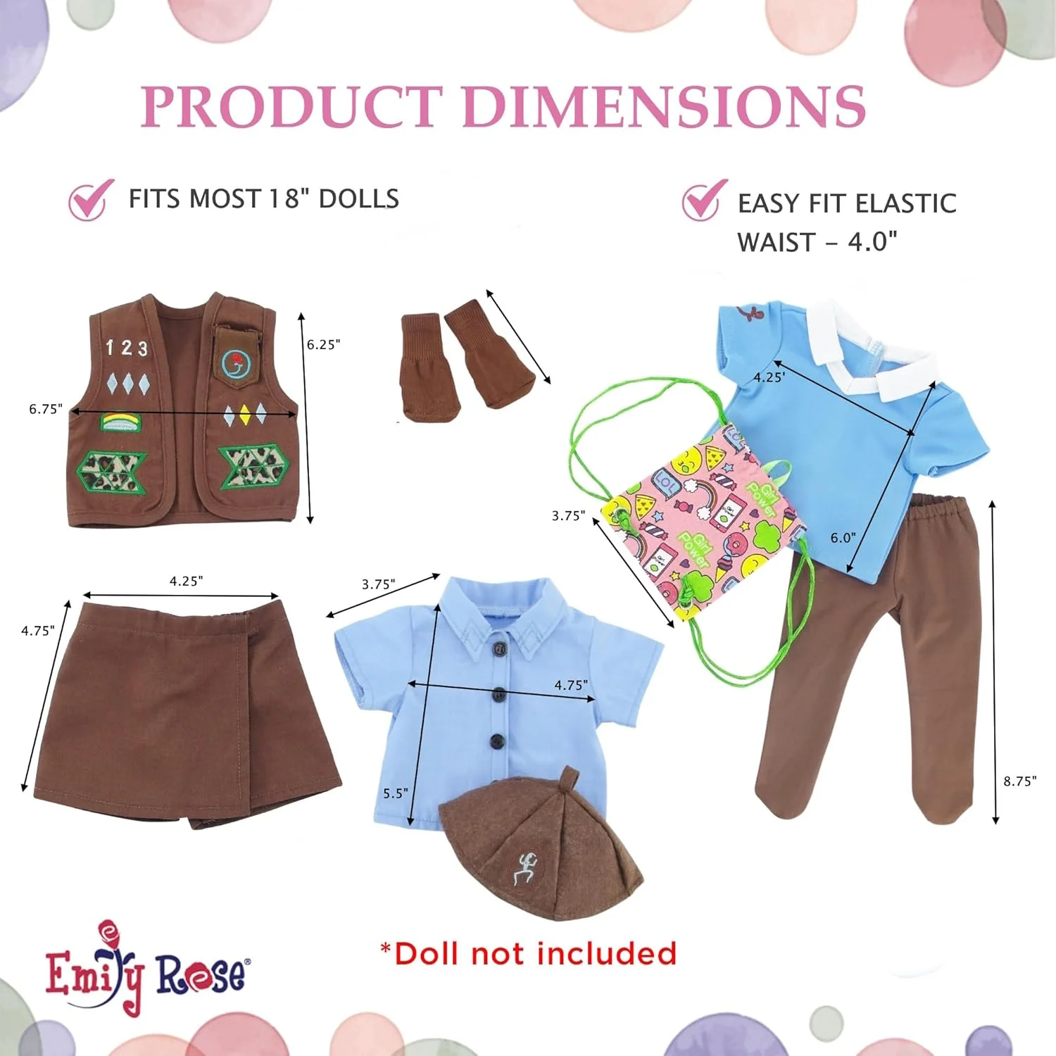 لباس عروسک 18 اینچی امیلی رز | لباس فرم و بسته لوازم جانبی 8 تکه مدرن دختر پیشاهنگ براونی | مناسب برای عروسک های امریکن گرل | بسته بندی شده در جعبه هدیه!