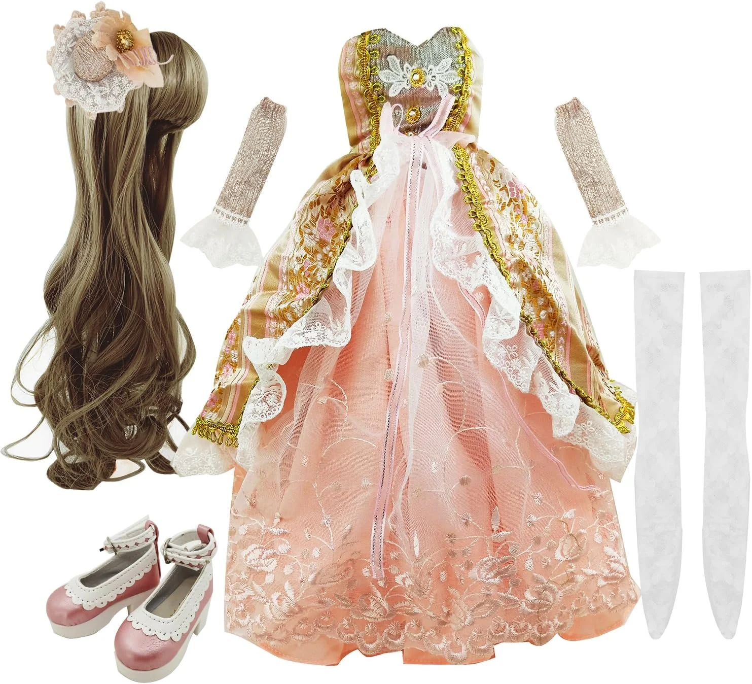 ست کامل EVA BJD شامل دامن، کلاه گیس، کفش، جوراب و لوازم جانبی برای عروسک های 1/3 BJD مفصلی 22 تا 24 اینچی (60 سانتی متری) (خاکستری و صورتی)