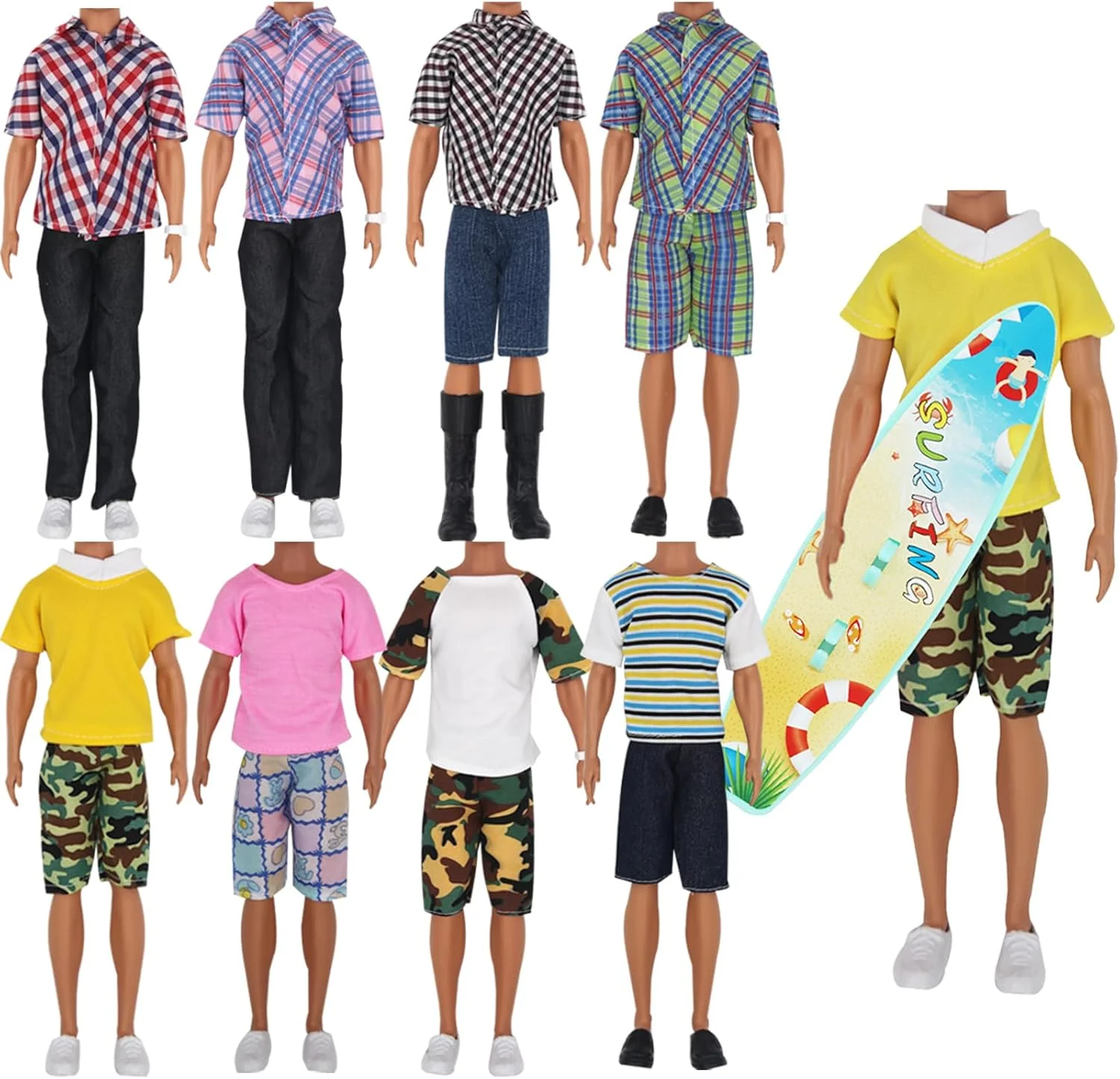 مجموعه 25 عددی لباس و لوازم جانبی عروسک پسرانه EuTengHao مناسب برای عروسک های 30 سانتی متری شامل 16 لباس مختلف پیراهن و شلوار جین، 4 جفت کفش برای عروسک پسرانه 30 سانتی متری، سگ، 2 راکت تنیس، ویولن و تخته موج سواری