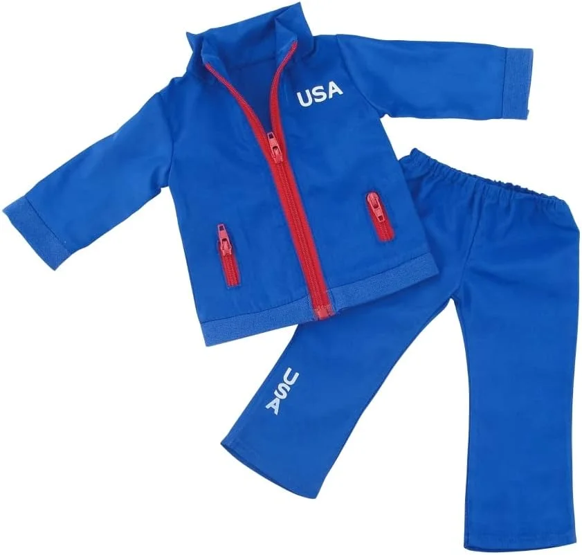 لباس عروسک 18 اینچی امیلی رز | لباس گرمکن 2 تکه تیم ایالات متحده آمریکا، شامل ژاکت با زیپ کامل و شلوار ست | مناسب برای عروسک های 18 اینچی امریکن گرل | بسته بندی شده در جعبه هدیه!