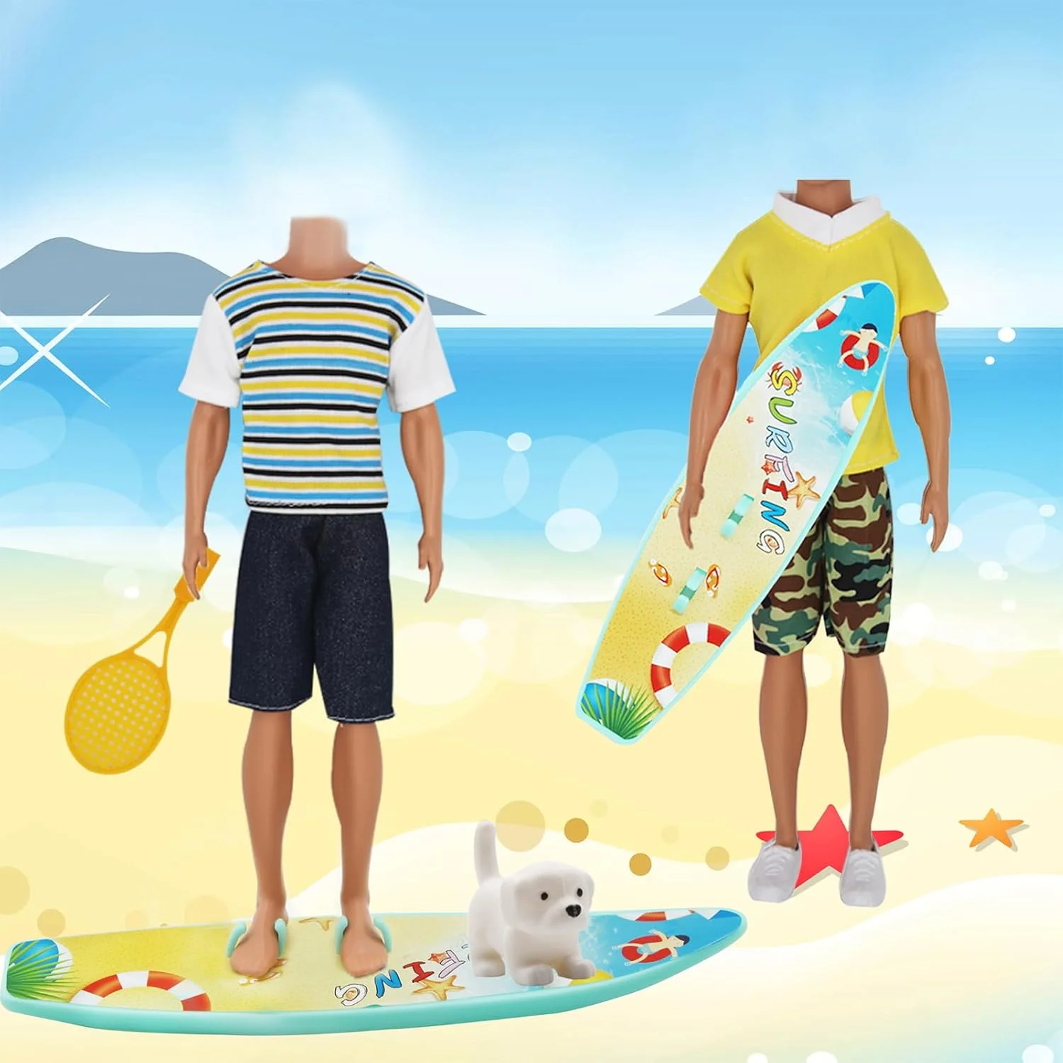 مجموعه 25 عددی لباس و لوازم جانبی عروسک پسرانه EuTengHao مناسب برای عروسک های 30 سانتی متری شامل 16 لباس مختلف پیراهن و شلوار جین، 4 جفت کفش برای عروسک پسرانه 30 سانتی متری، سگ، 2 راکت تنیس، ویولن و تخته موج سواری