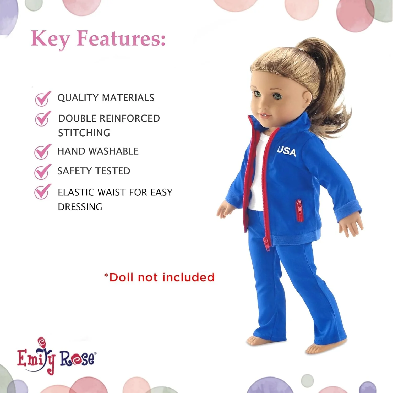 لباس عروسک 18 اینچی امیلی رز | لباس گرمکن 2 تکه تیم ایالات متحده آمریکا، شامل ژاکت با زیپ کامل و شلوار ست | مناسب برای عروسک های 18 اینچی امریکن گرل | بسته بندی شده در جعبه هدیه!