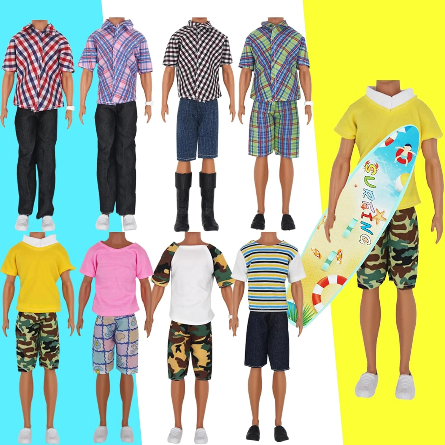 مجموعه 25 عددی لباس و لوازم جانبی عروسک پسرانه EuTengHao مناسب برای عروسک های 30 سانتی متری شامل 16 لباس مختلف پیراهن و شلوار جین، 4 جفت کفش برای عروسک پسرانه 30 سانتی متری، سگ، 2 راکت تنیس، ویولن و تخته موج سواری