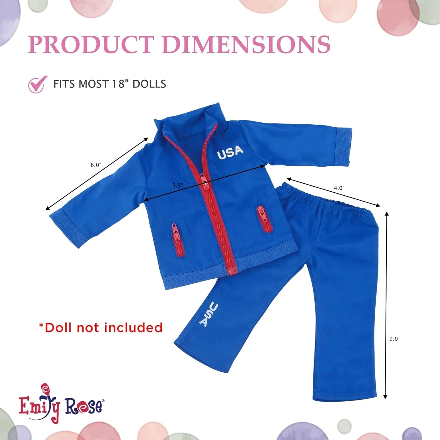 لباس عروسک 18 اینچی امیلی رز | لباس گرمکن 2 تکه تیم ایالات متحده آمریکا، شامل ژاکت با زیپ کامل و شلوار ست | مناسب برای عروسک های 18 اینچی امریکن گرل | بسته بندی شده در جعبه هدیه!