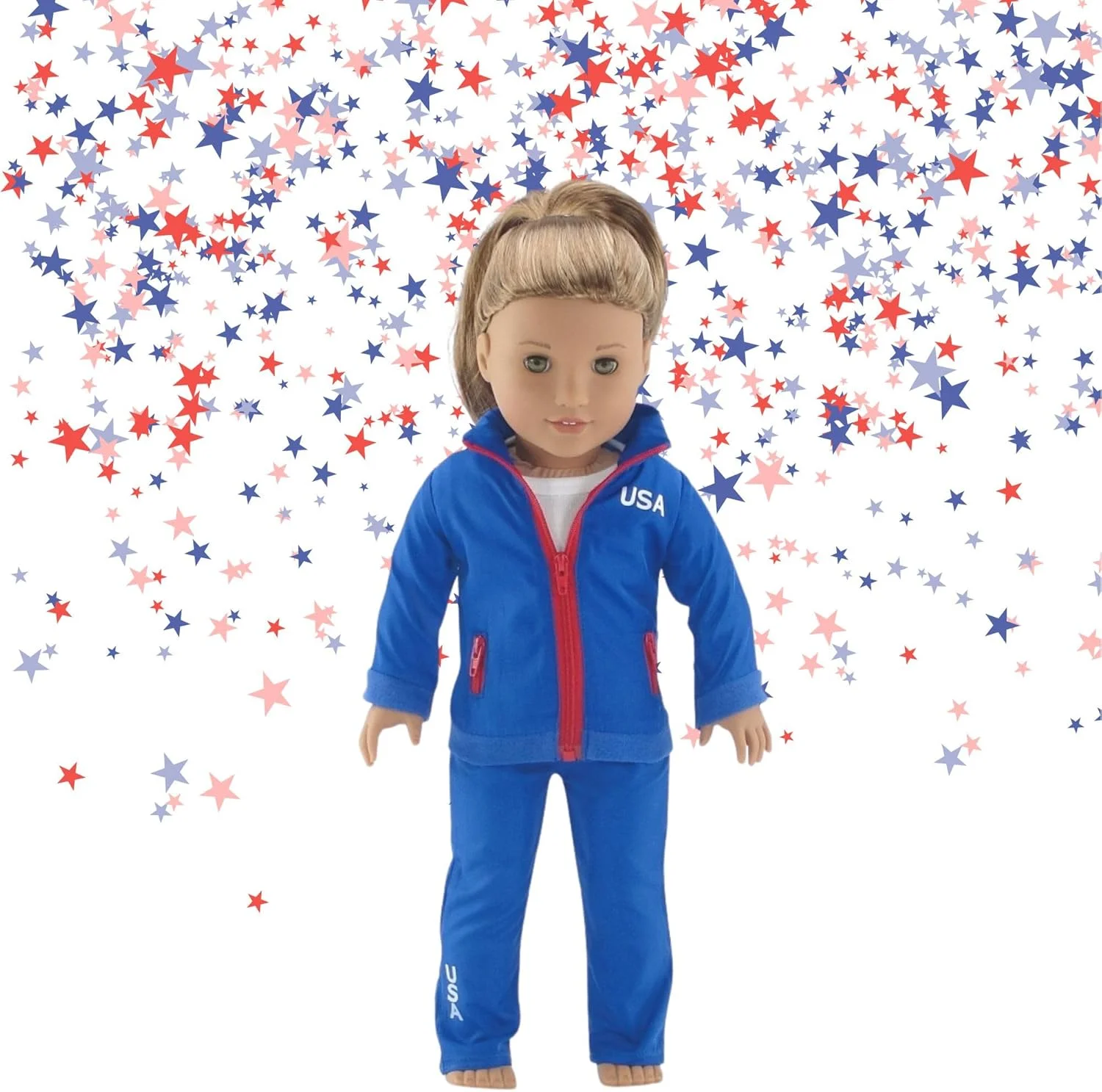 لباس عروسک 18 اینچی امیلی رز | لباس گرمکن 2 تکه تیم ایالات متحده آمریکا، شامل ژاکت با زیپ کامل و شلوار ست | مناسب برای عروسک های 18 اینچی امریکن گرل | بسته بندی شده در جعبه هدیه!