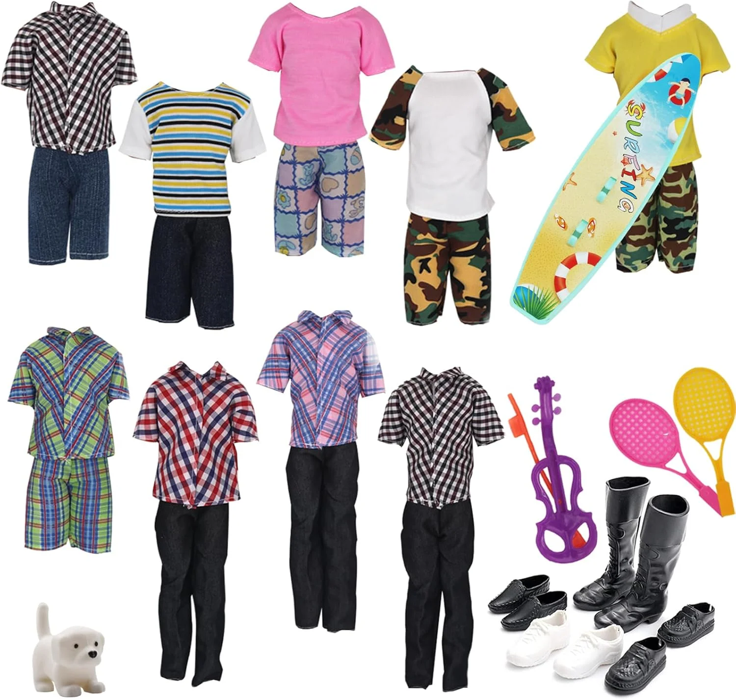 مجموعه 25 عددی لباس و لوازم جانبی عروسک پسرانه EuTengHao مناسب برای عروسک های 30 سانتی متری شامل 16 لباس مختلف پیراهن و شلوار جین، 4 جفت کفش برای عروسک پسرانه 30 سانتی متری، سگ، 2 راکت تنیس، ویولن و تخته موج سواری