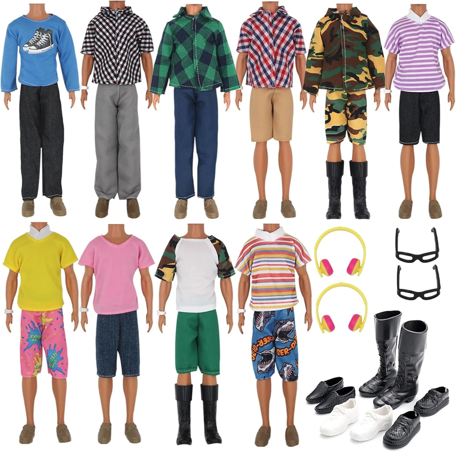 ZTWEDEN 32 تکه لباس و لوازم جانبی عروسک برای عروسک های پسرانه 12 اینچی شامل 20 لباس مختلف پیراهن شلوار جین شورت ساحلی 4 جفت کفش، عینک، هدفون برای عروسک پسرانه 12 اینچی