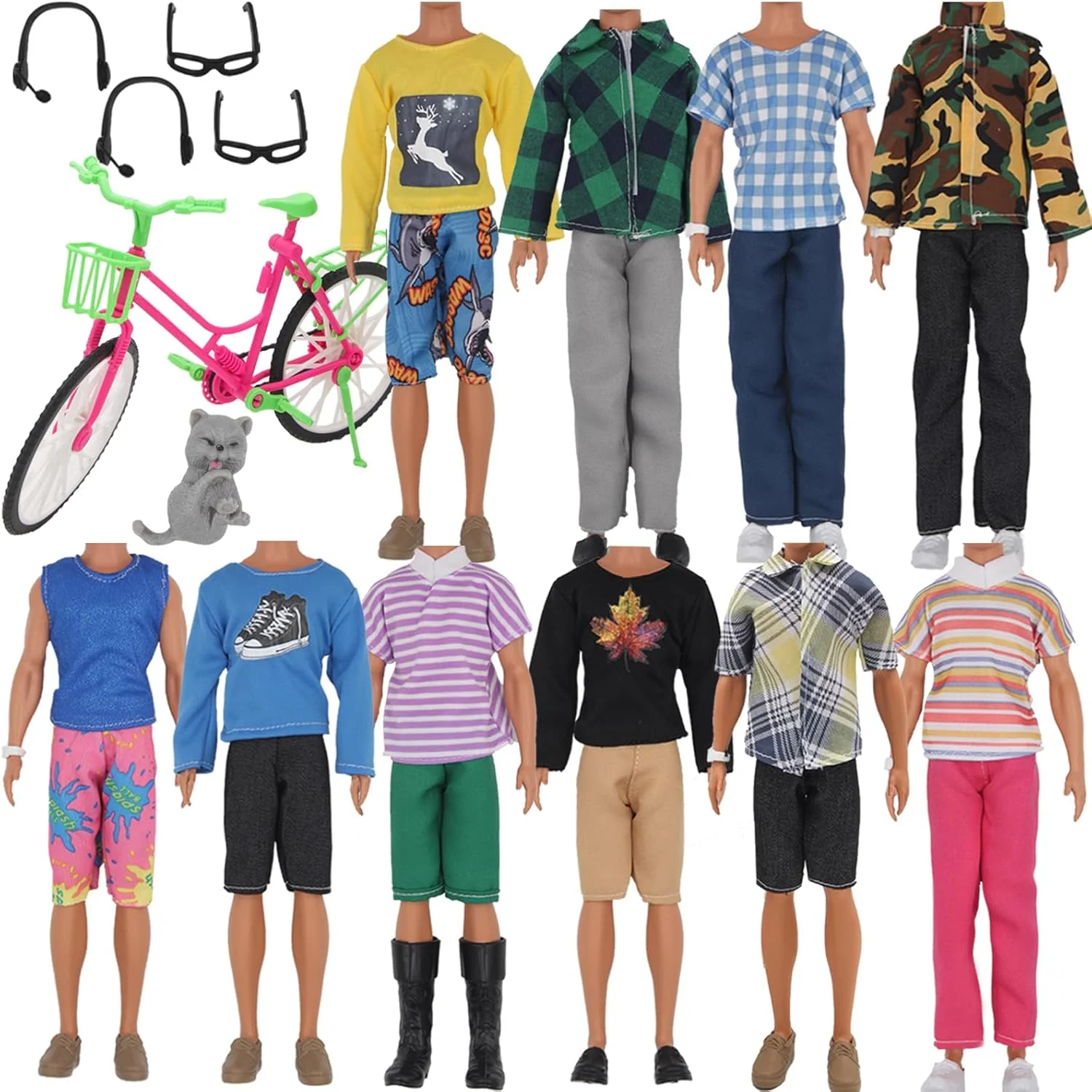 EuTengHao 26 تکه لباس و لوازم جانبی عروسک پسرانه 12 اینچی شامل 20 لباس مختلف پیراهن و شلوار جین برای عروسک پسرانه 12 اینچی، عینک، هدفون، گربه و دوچرخه بزرگ برای عروسک پسرانه 30 سانتی متری