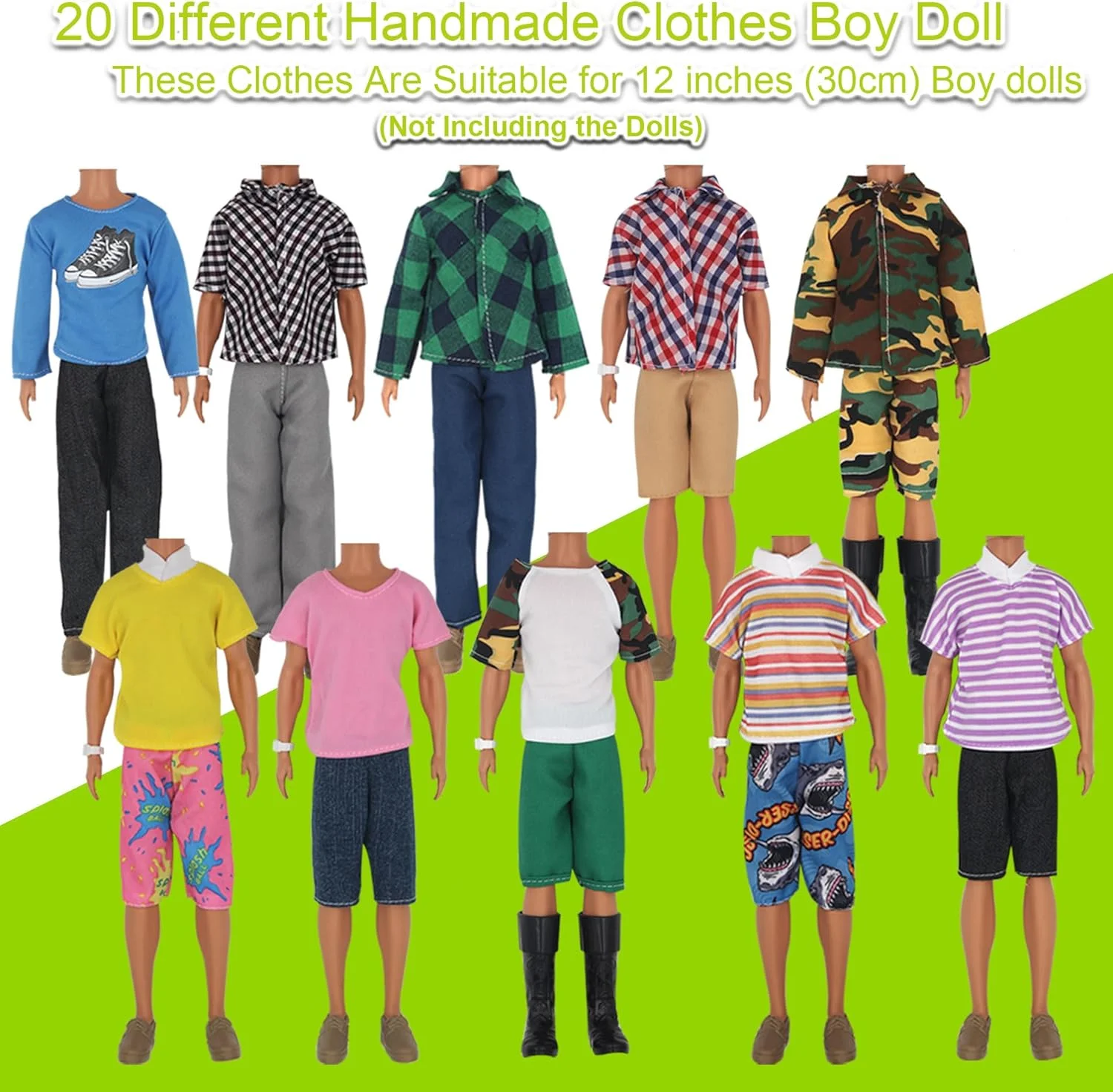 ZTWEDEN 32 تکه لباس و لوازم جانبی عروسک برای عروسک های پسرانه 12 اینچی شامل 20 لباس مختلف پیراهن شلوار جین شورت ساحلی 4 جفت کفش، عینک، هدفون برای عروسک پسرانه 12 اینچی