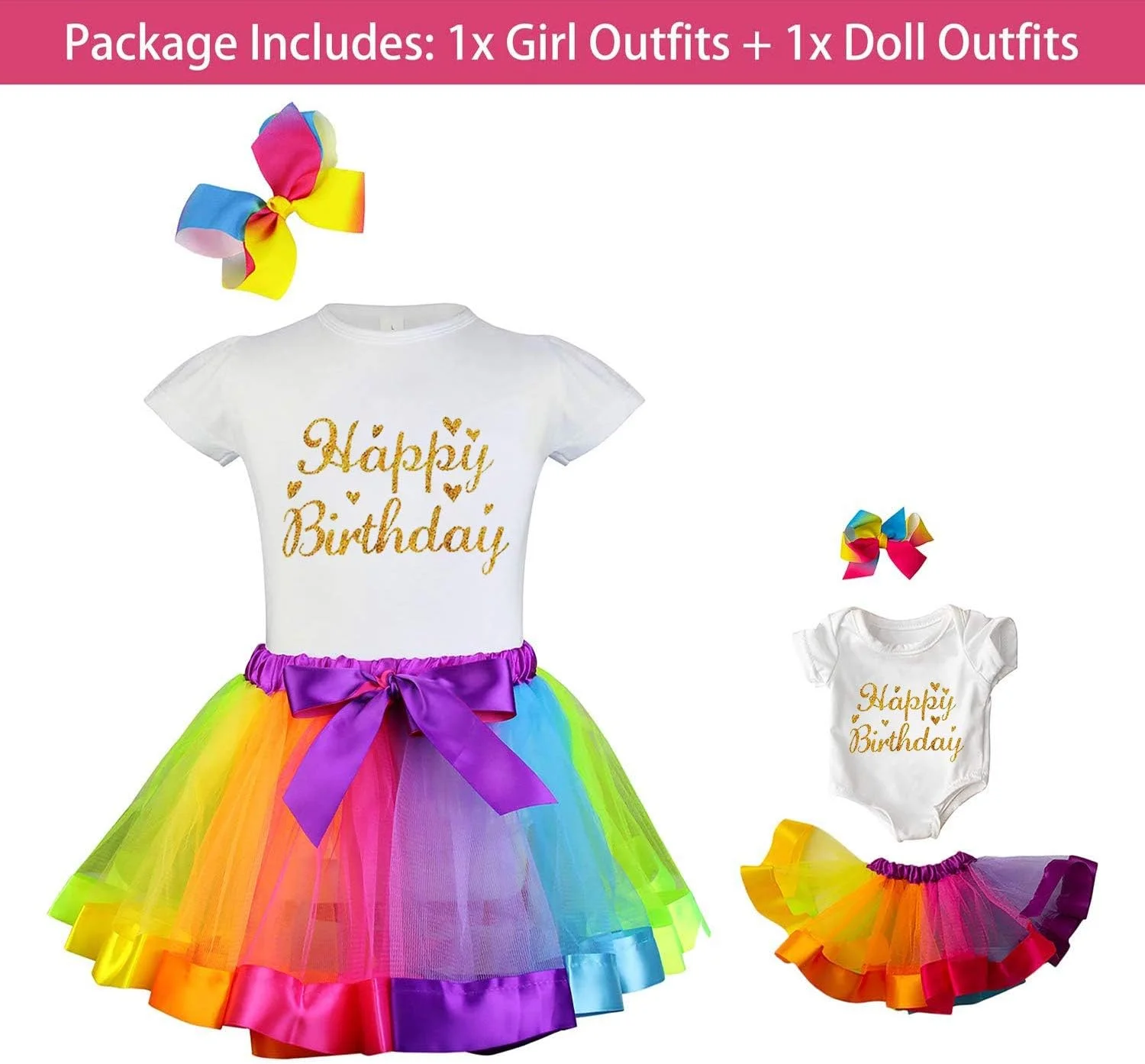 لباس تولد زیتا المنت برای دختران و عروسک های مشابه - 1 عدد تی شرت نخی با پولک رنگین کمانی، 1 عدد دامن توتو رنگین کمانی و 1 عدد گیره موی پاپیونی برای دختران 7-9 ساله و عروسک های 18 اینچی لباس تولد زیتا المنت برای دختران و عروسک های مشابه - 1 عدد تی شرت نخی با پولک رنگین کمانی، 1 عدد دامن توتو رنگین کمانی و 1 عدد گیره موی پاپیونی برای دختران 7-9 ساله و عروسک های 18 اینچی