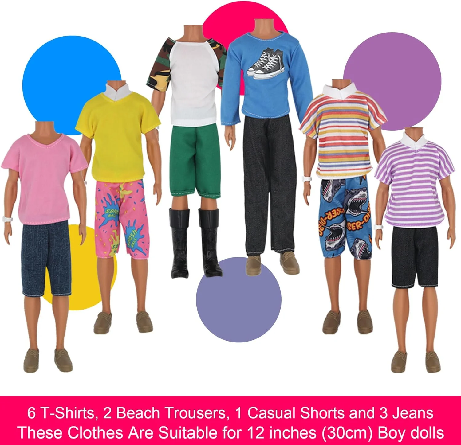 ZTWEDEN 32 تکه لباس و لوازم جانبی عروسک برای عروسک های پسرانه 12 اینچی شامل 20 لباس مختلف پیراهن شلوار جین شورت ساحلی 4 جفت کفش، عینک، هدفون برای عروسک پسرانه 12 اینچی