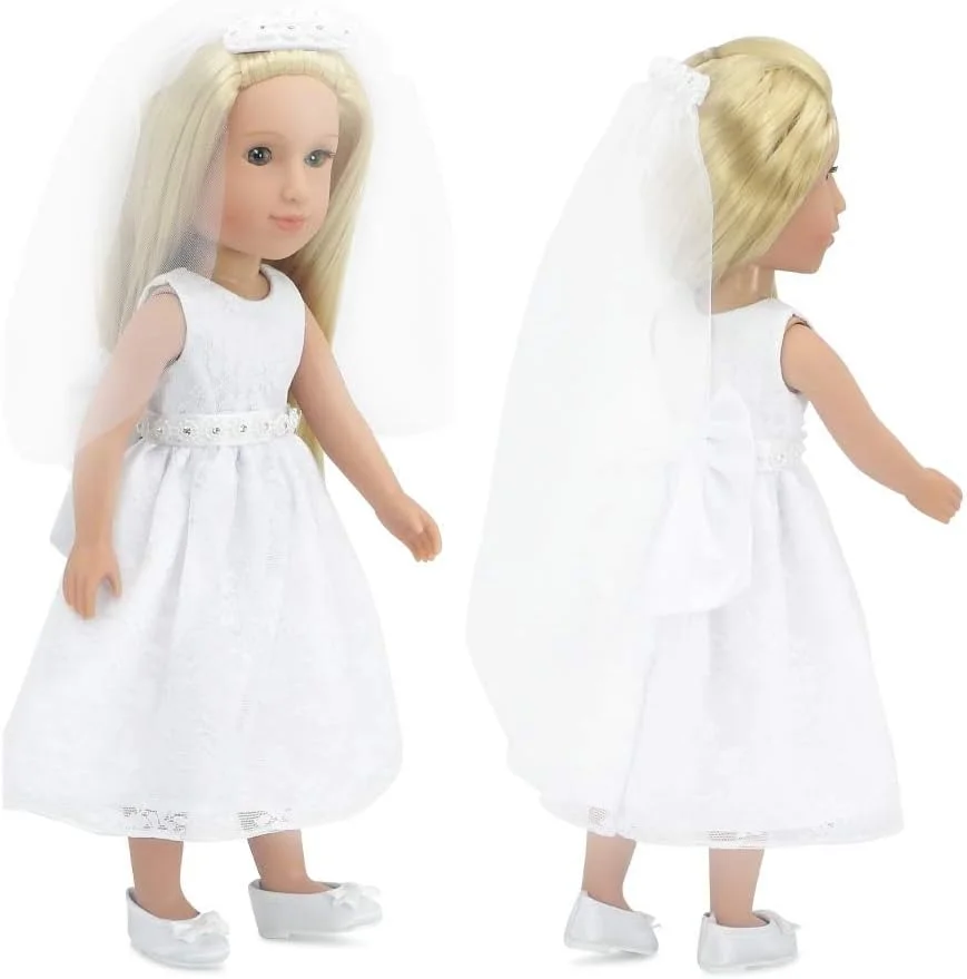 لباس عروسکی 14 اینچی امیلی رز | ست لباس عروس و نامزدی 3 تکه زیبا، شامل تور و کفش های ساتن! | مناسب برای اکثر عروسک های 14 اینچی