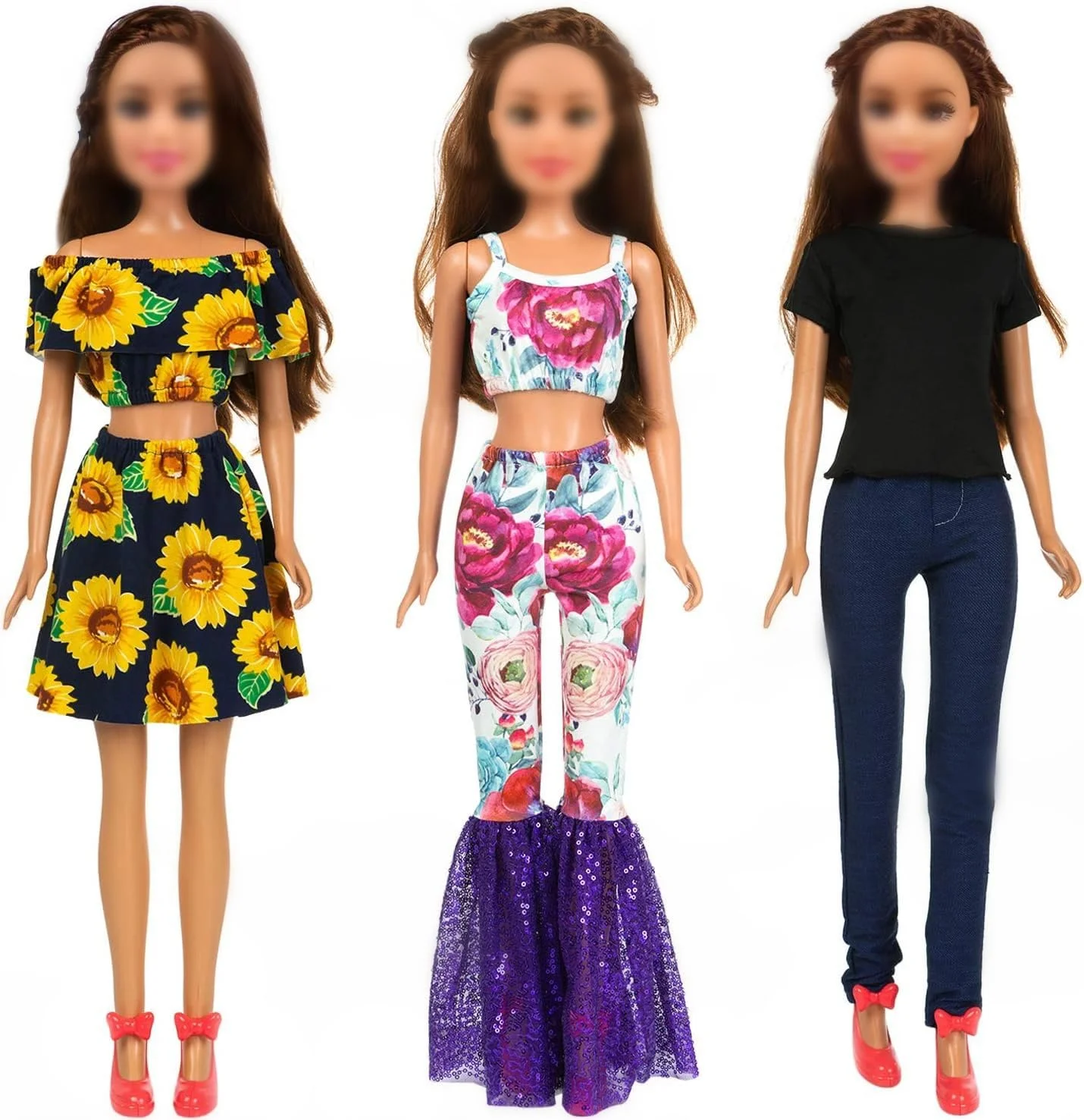 زیتا المنت 3 ست لباس مد روز برای عروسک دخترانه 28 اینچی - ست لباس های با کیفیت و غیر رسمی، لباس آف شولدر طرح گل آفتابگردان و شلوار دمپا گشاد پولک دار برای لباس عروسک دخترانه 28 اینچی