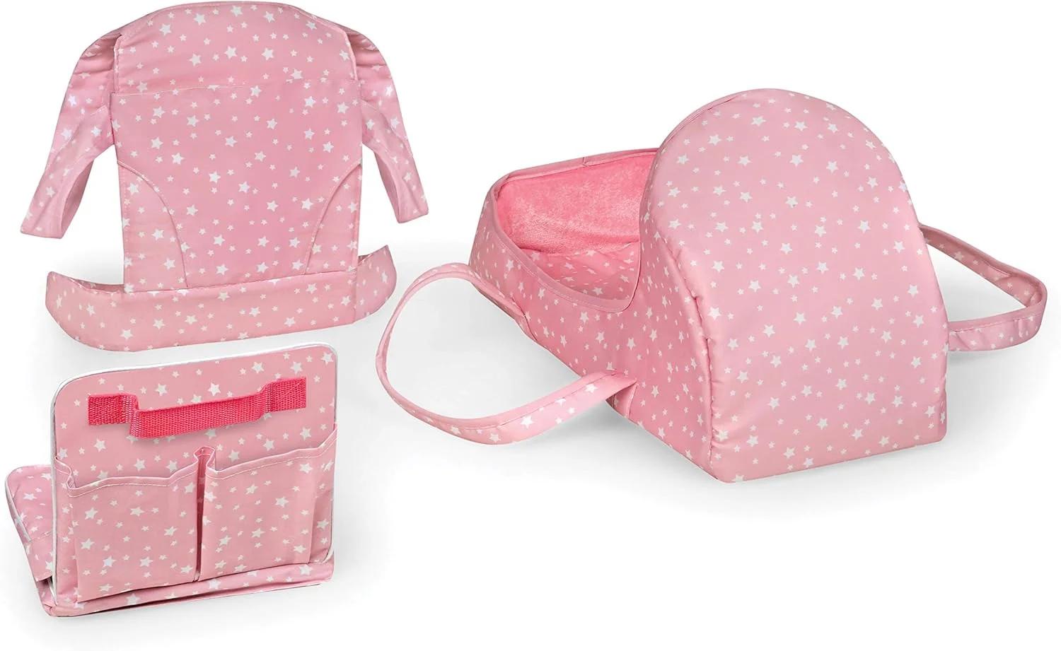 ست مسافرتی 5 تکه درجه یک عروسک Badger Basket برای عروسک های 18 اینچی - شامل تخت مسافرتی، کریر، پتوی دو رو و لوازم جانبی با طرح ستاره های صورتی